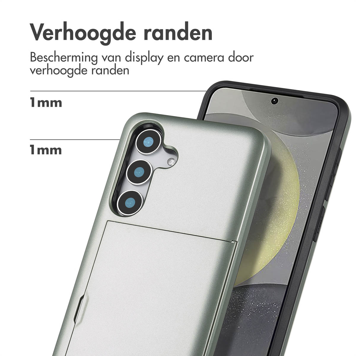 Une coque de téléphone verte avec un téléphone à l'intérieur. C'est sur fond blanc.