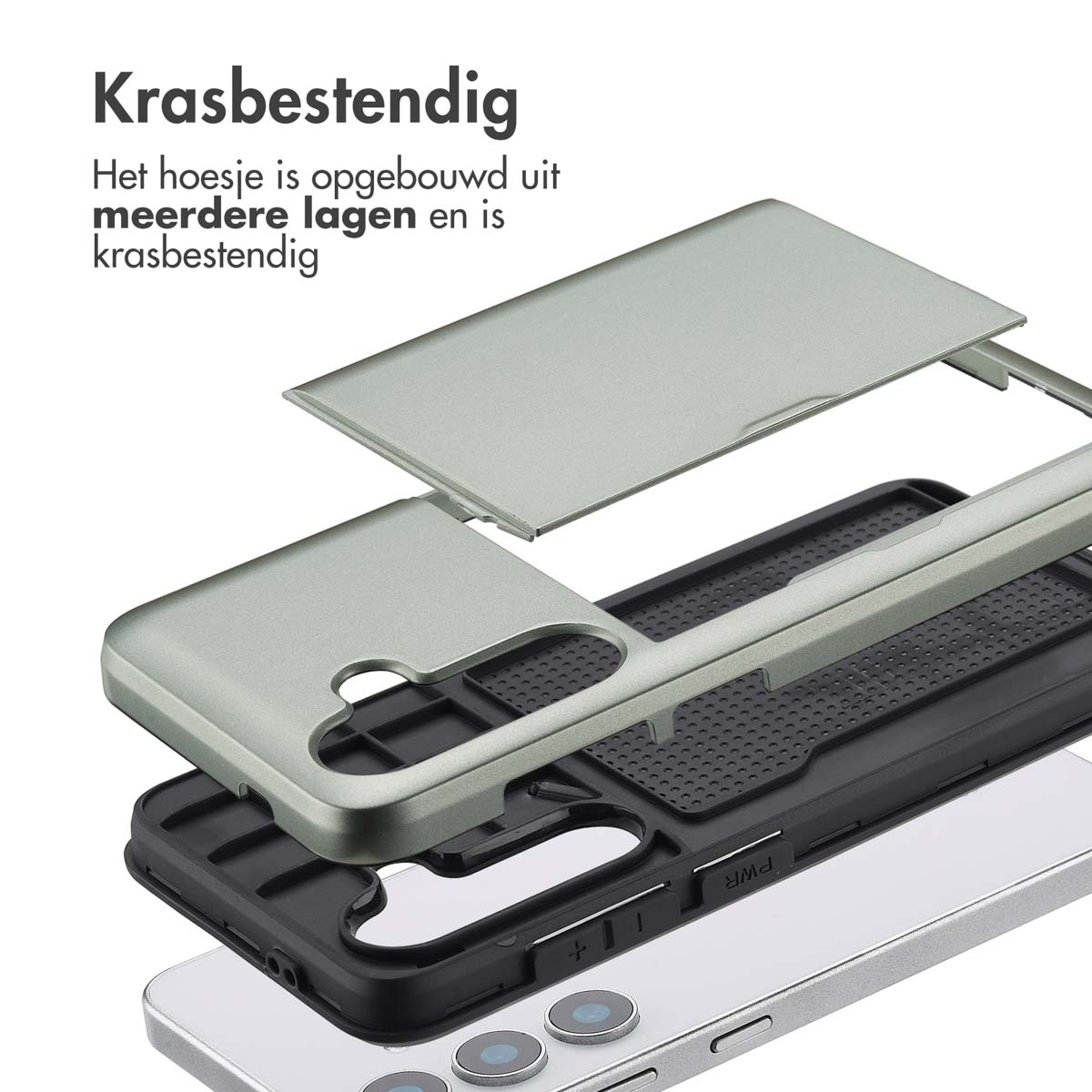 Coque de téléphone démontée montrant les couches : pièce supérieure, cadre et contour du téléphone.
