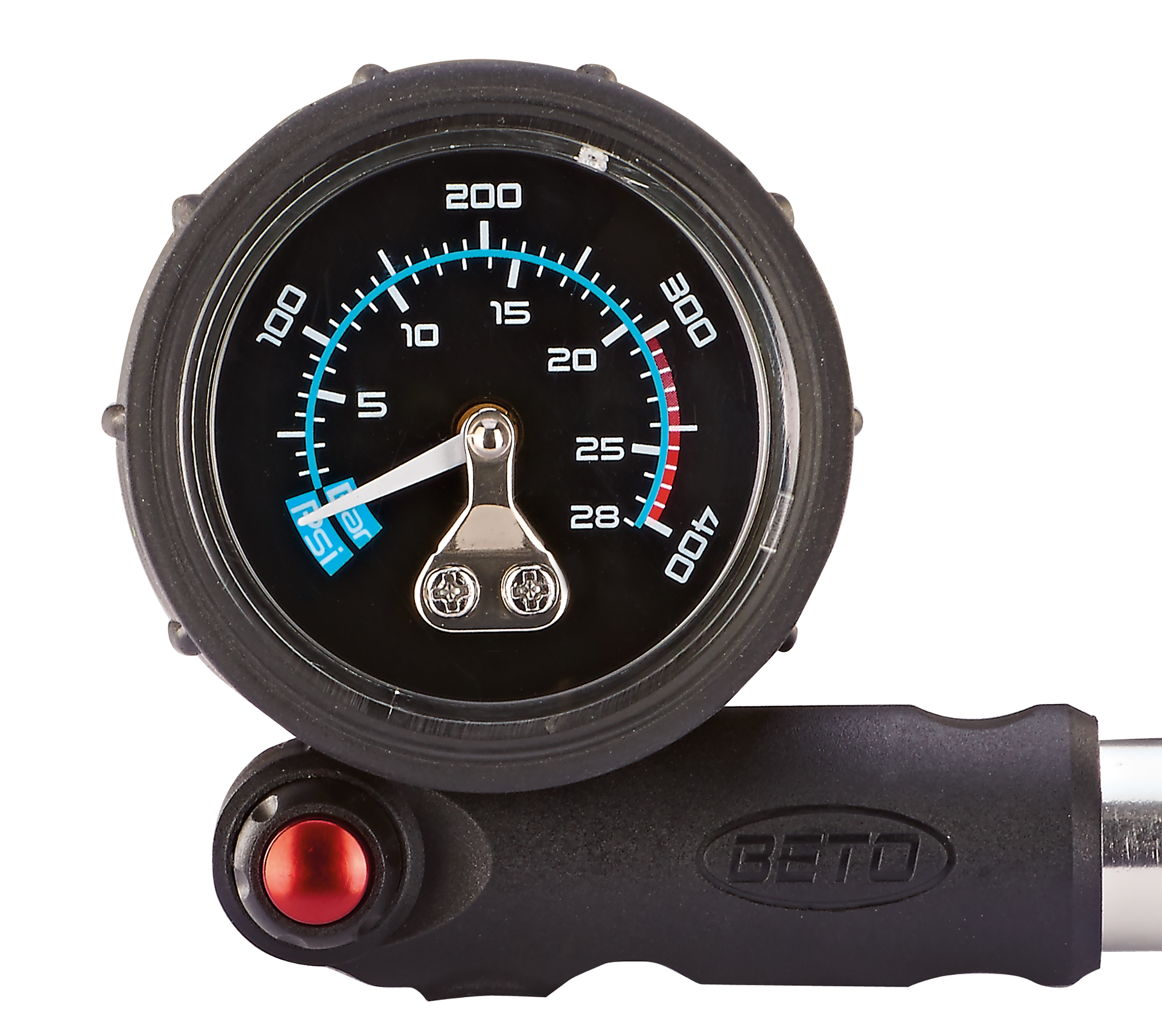 Schwarzes Fahrradpumpenmanometer mit Zahlen und rotem Knopf. Weißer Hintergrund.