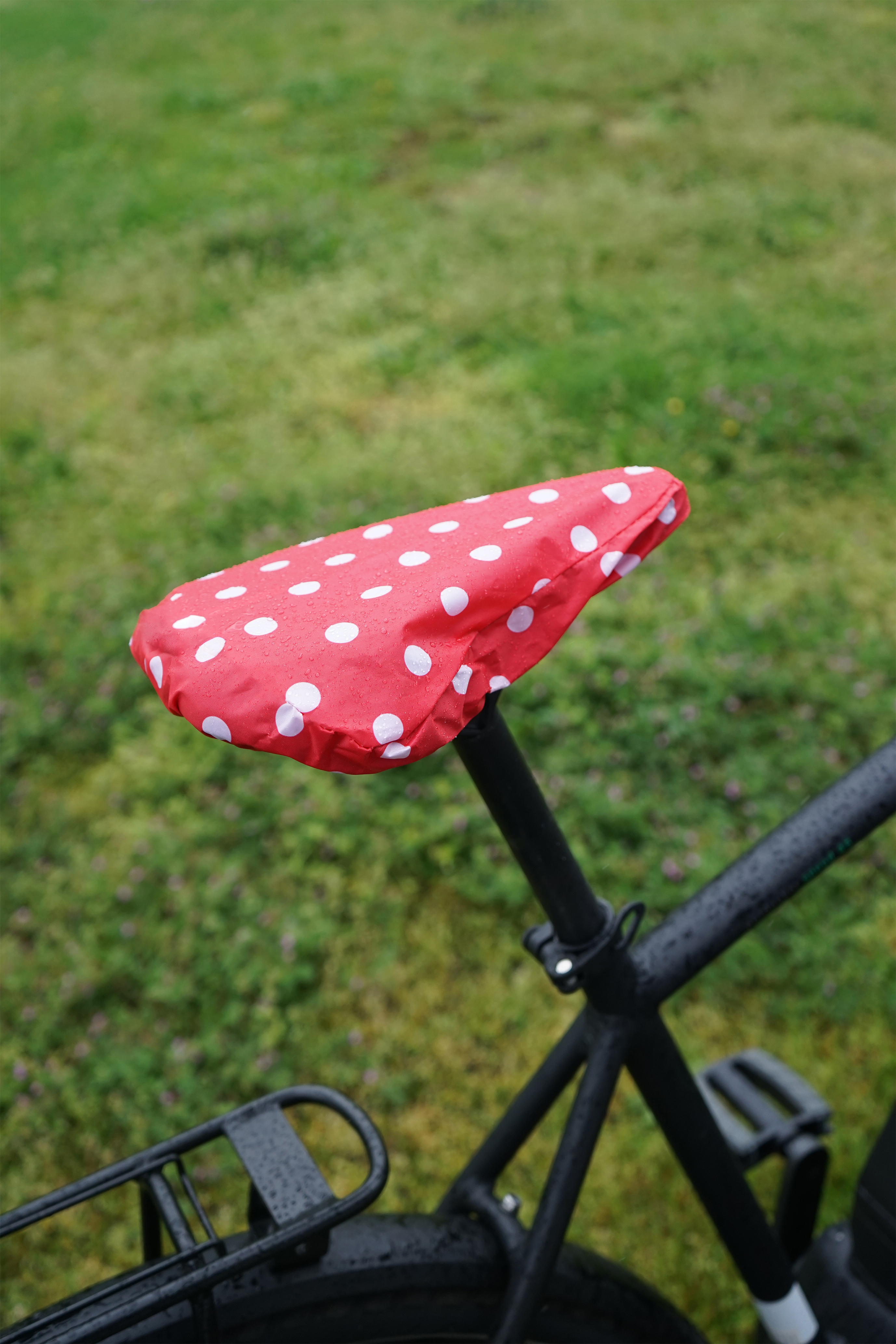 Roter Fahrradsattel mit weißen Punkten, auf schwarzem Rahmen, grüner Gras Hintergrund.
