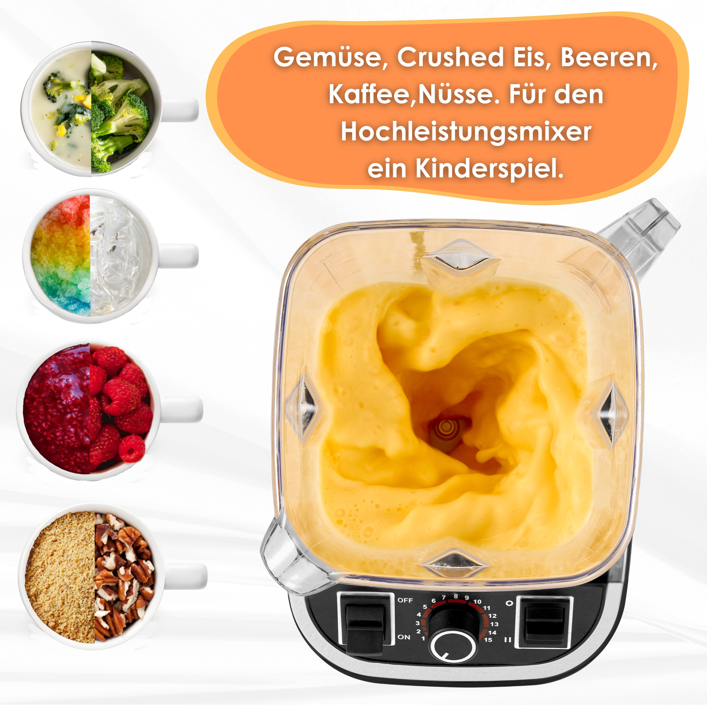 Mixer mit Zutaten in Bechern: Brokkoli, Eis, Himbeeren und Nüsse. Gelber Smoothie drin.