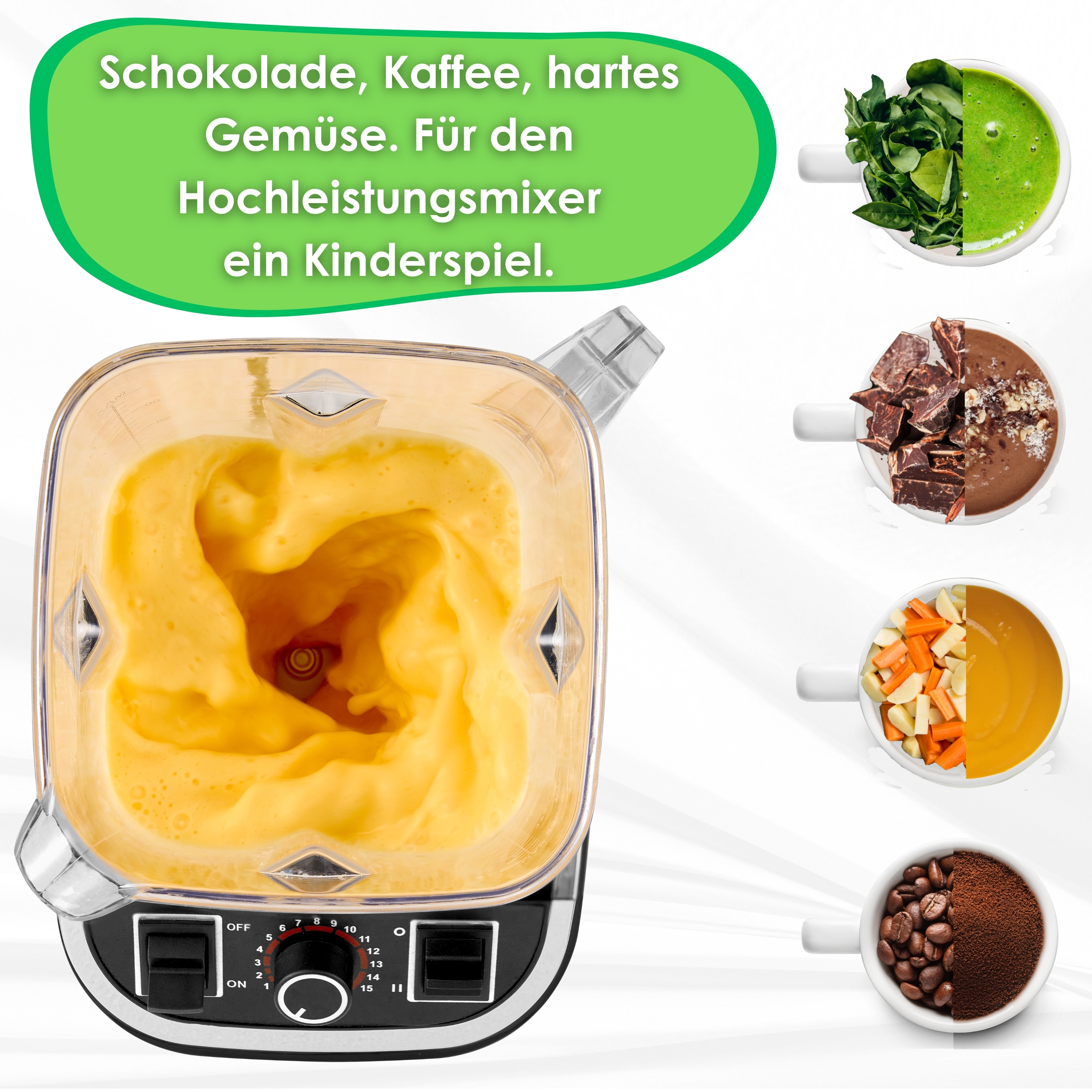 Mixer mit gemixten Inhalten, mit Zutatenbechern.