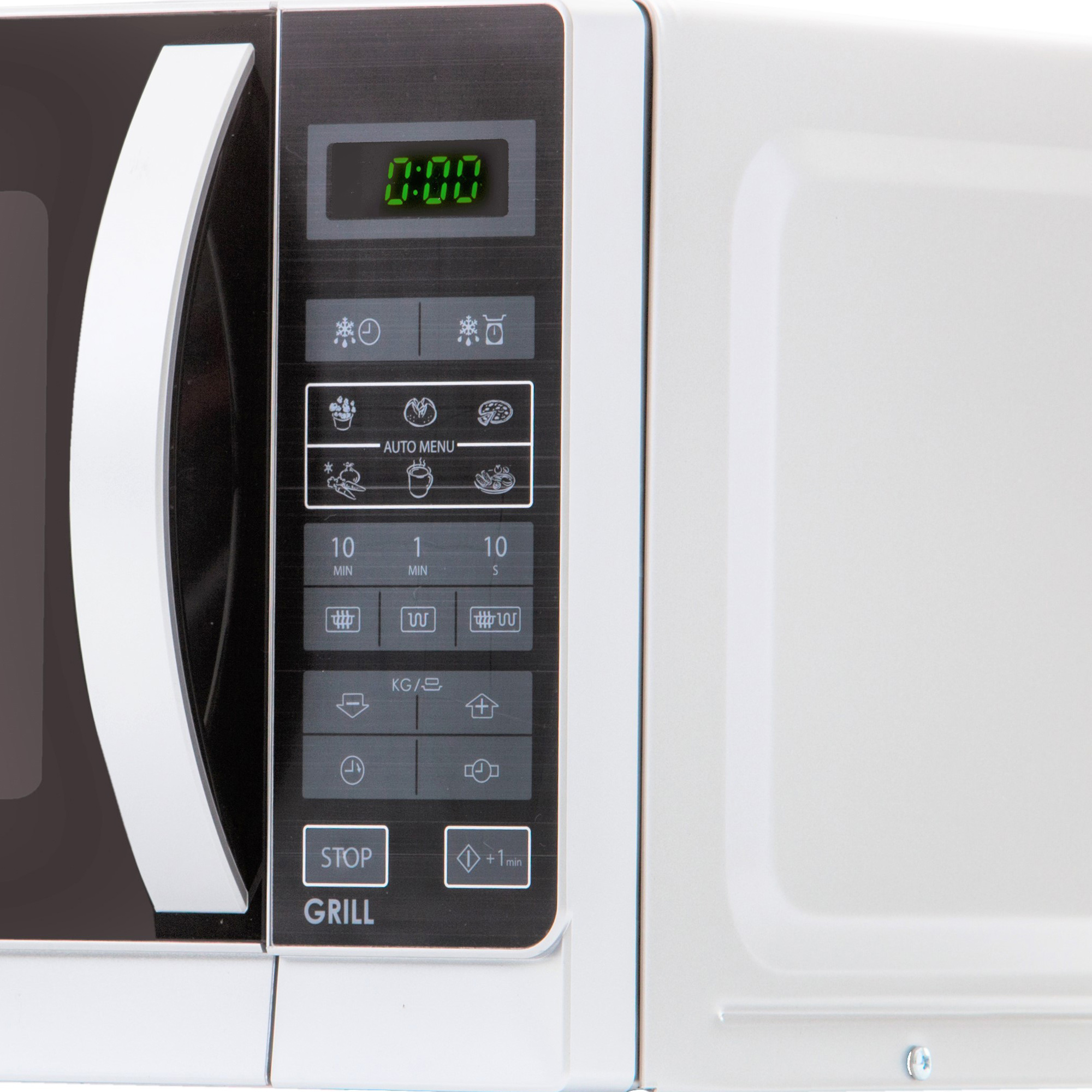 Zbliżenie białego panelu sterowania kuchenki mikrofalowej. Posiada wyświetlacz i różne przyciski.