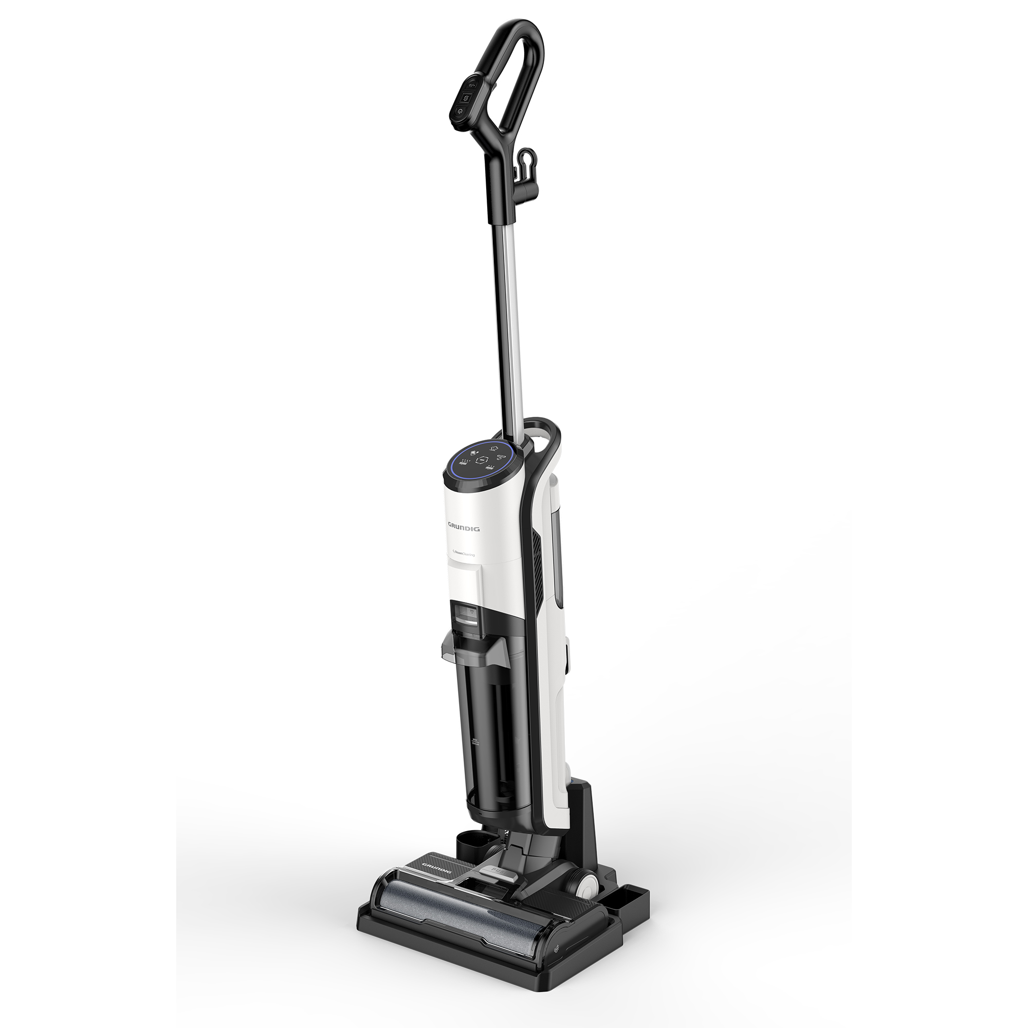 Biało-czarny odkurzacz pionowy. Posiada uchwyt i podstawę ze szczotką.