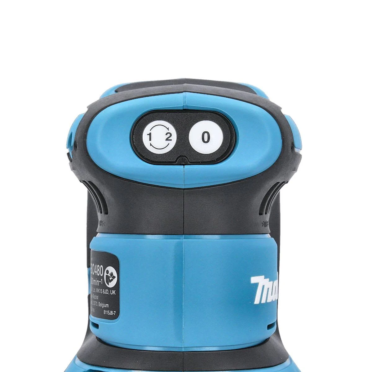 Widok z góry na szlifierkę z niebiesko-czarnym korpusem. Jest pokrętło z liczbami.