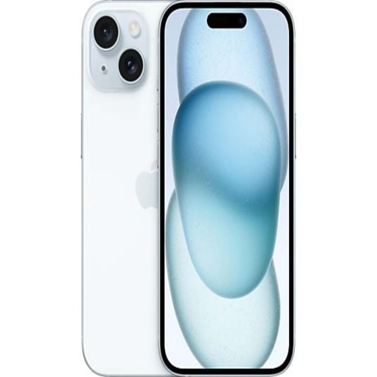 Smartphone bianco con due fotocamere posteriori, schermo anteriore con immagine blu astratta.