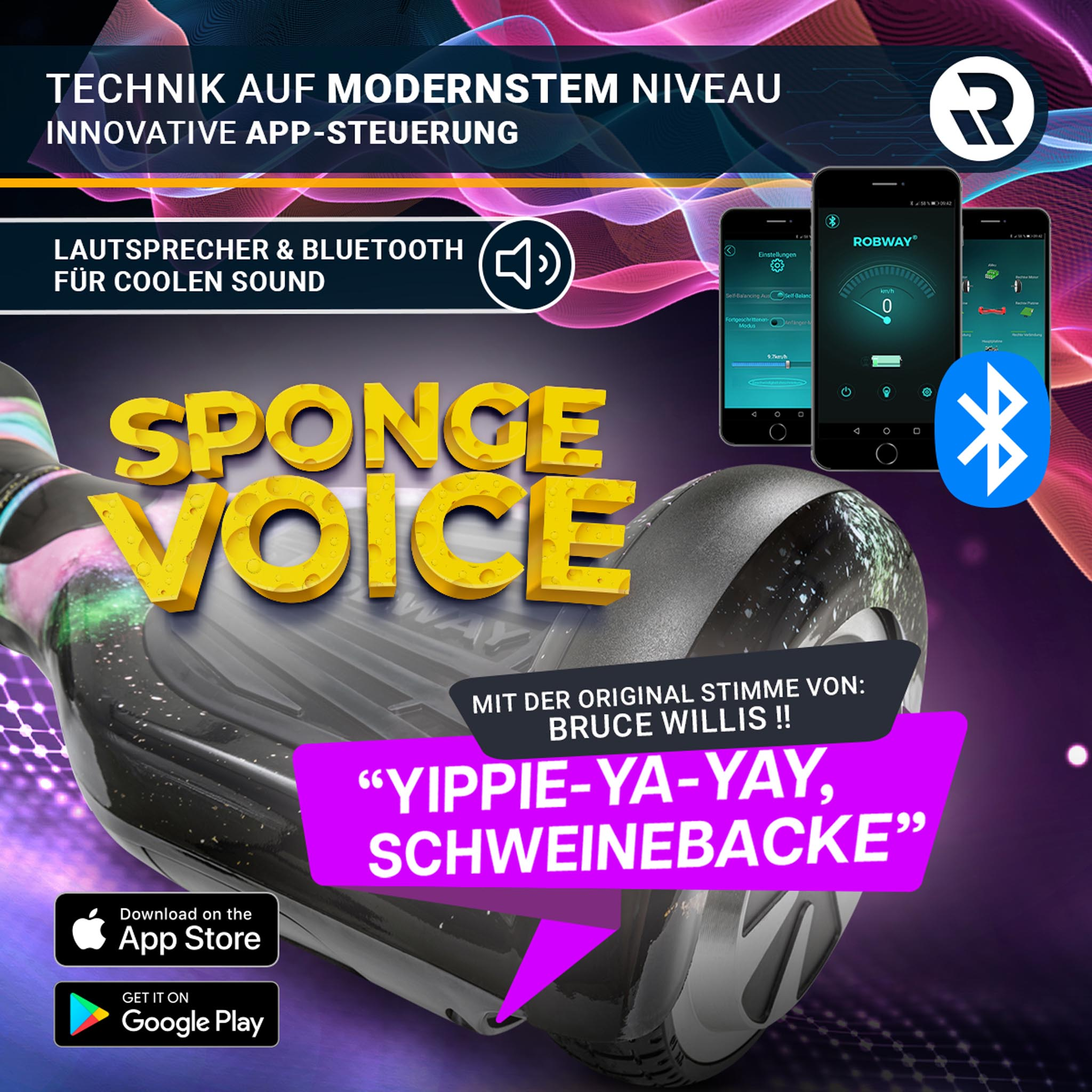 Ein futuristisches Hoverboard mit Bildschirm, der die Robway-App zeigt, mit Bluetooth- und App-Symbolen.