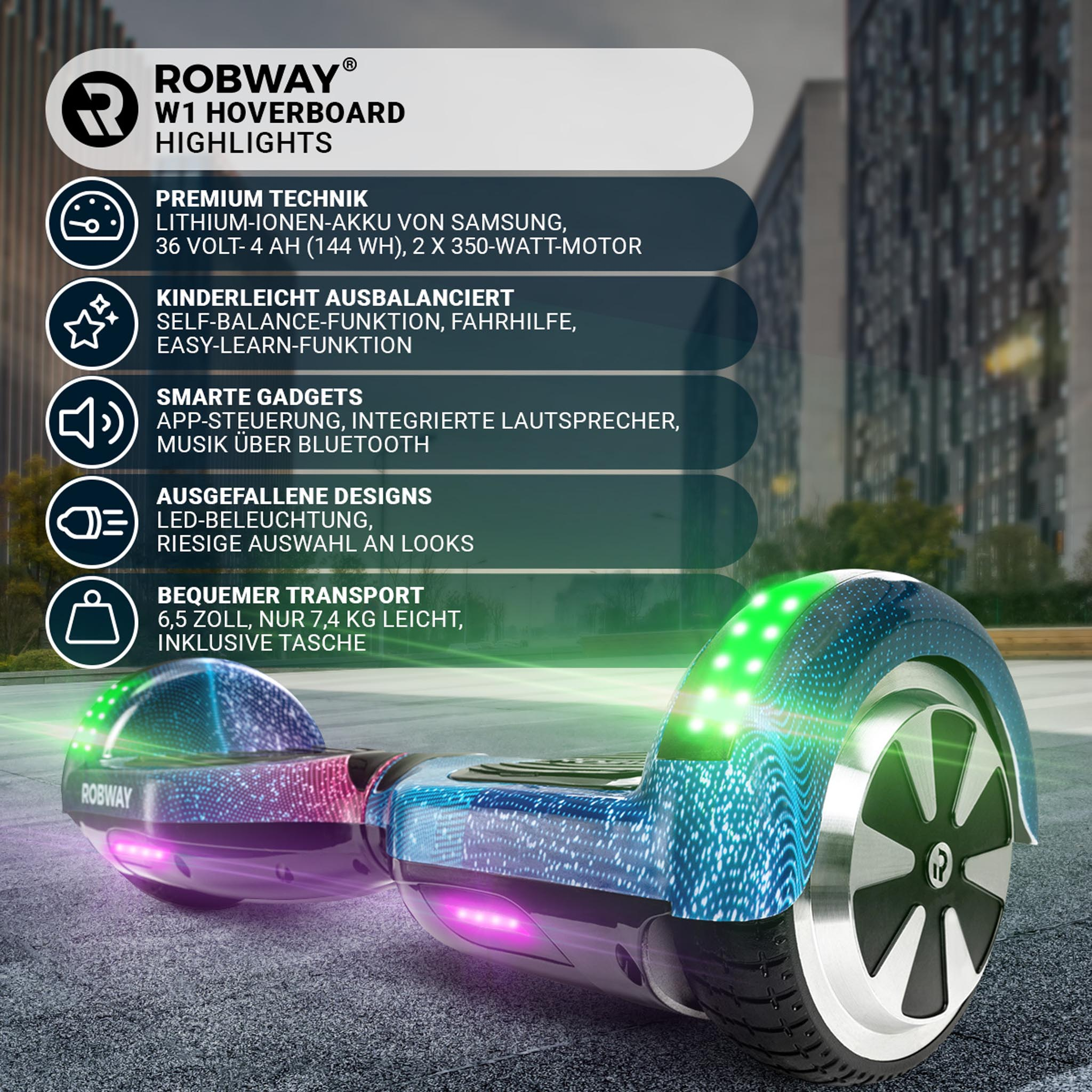 Hoverboard mit Text, der Funktionen hervorhebt: Akku, Motor, Balance und Bluetooth.