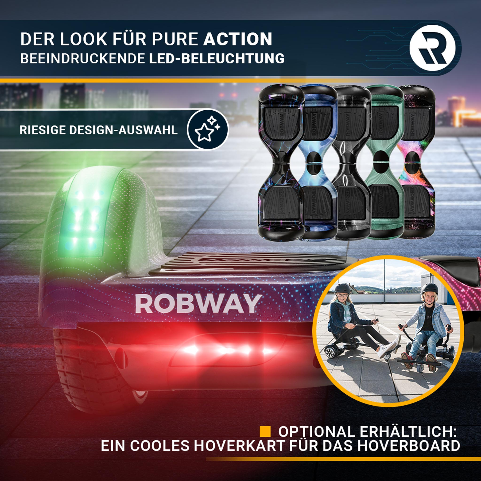 Mehrere Hoverboards in verschiedenen Farben mit einem Hoverkart und zwei Kindern, die fahren.