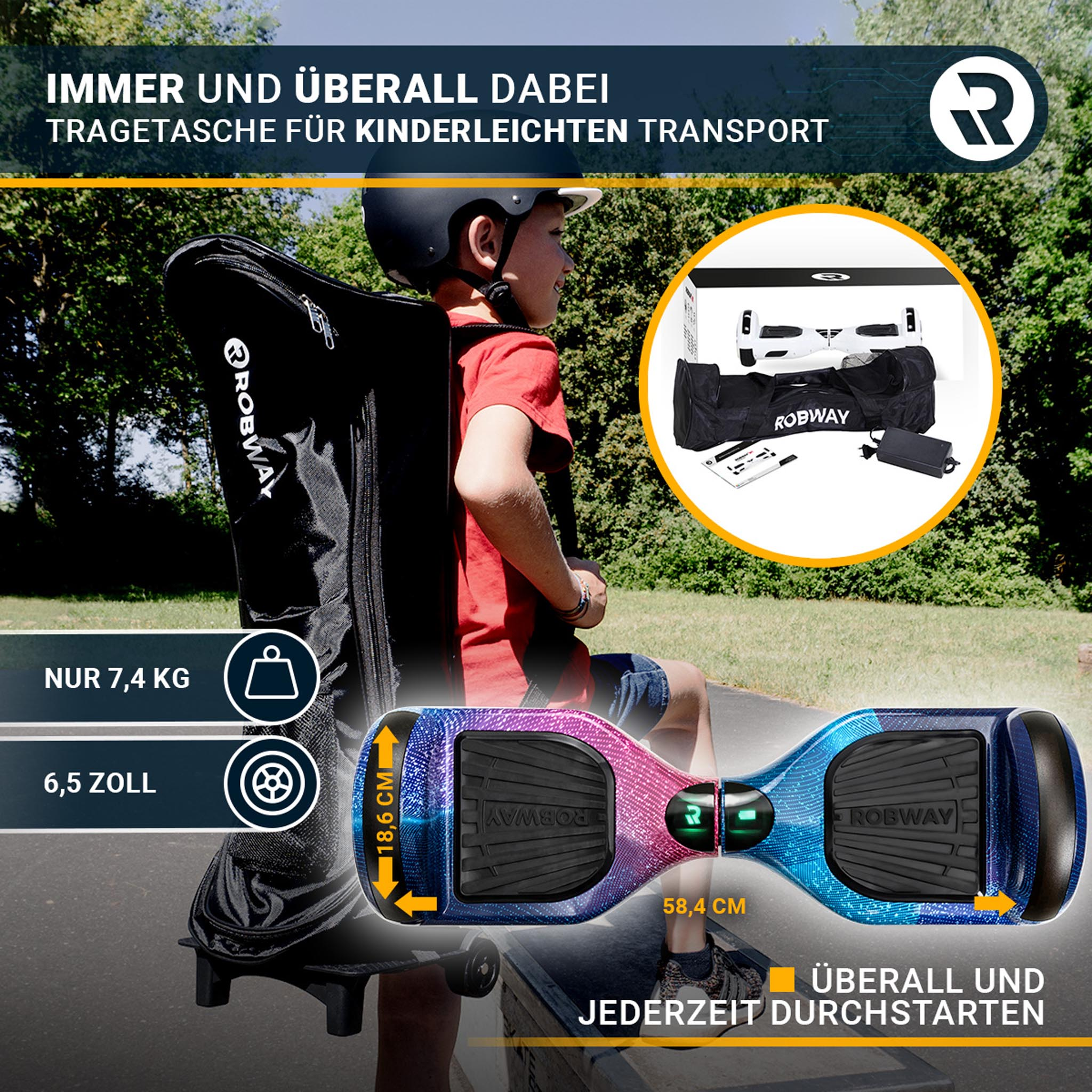 Person trägt Hoverboard in Tragetasche, mit Maßen und Produktdetails.