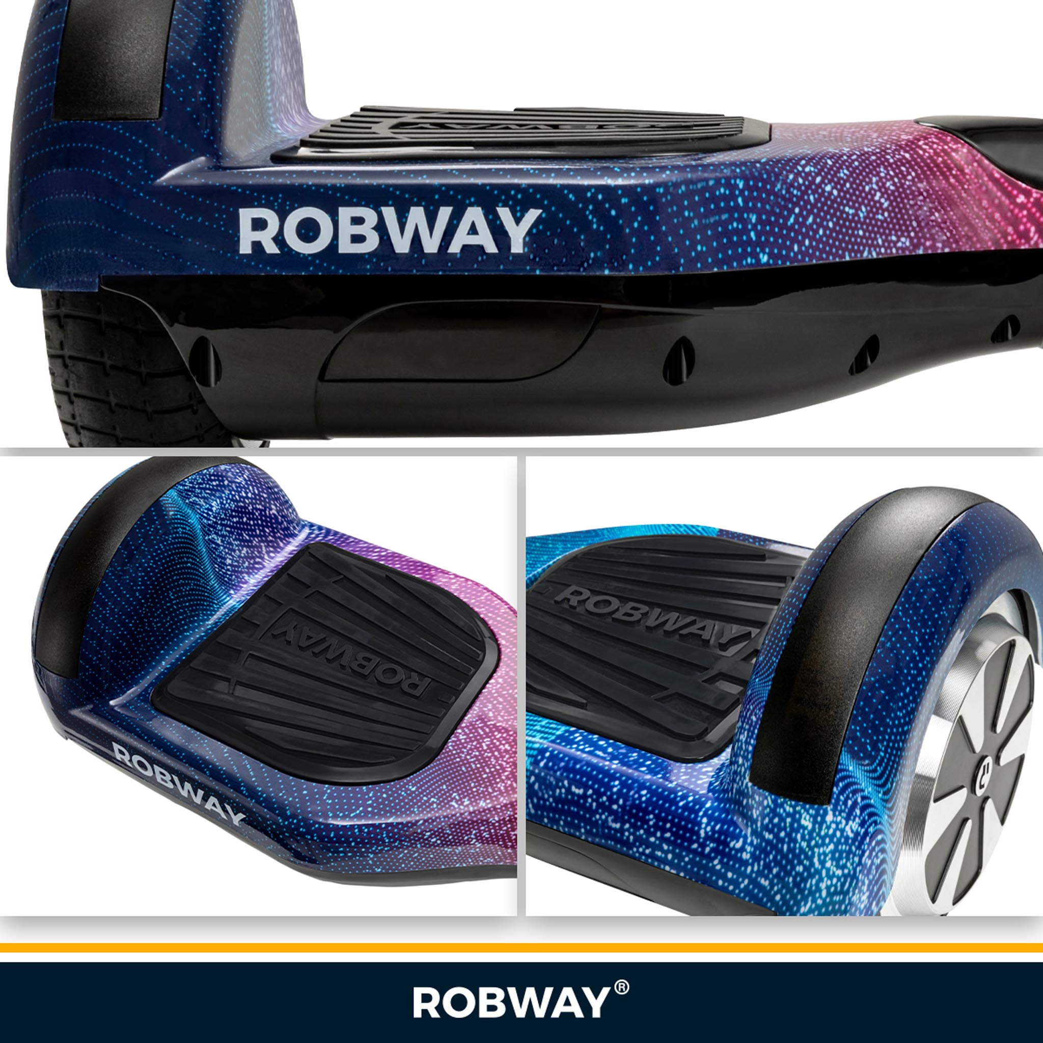 Ein Hoverboard mit Robway oben drauf. Es ist blau und lila mit schwarzen Bereichen.