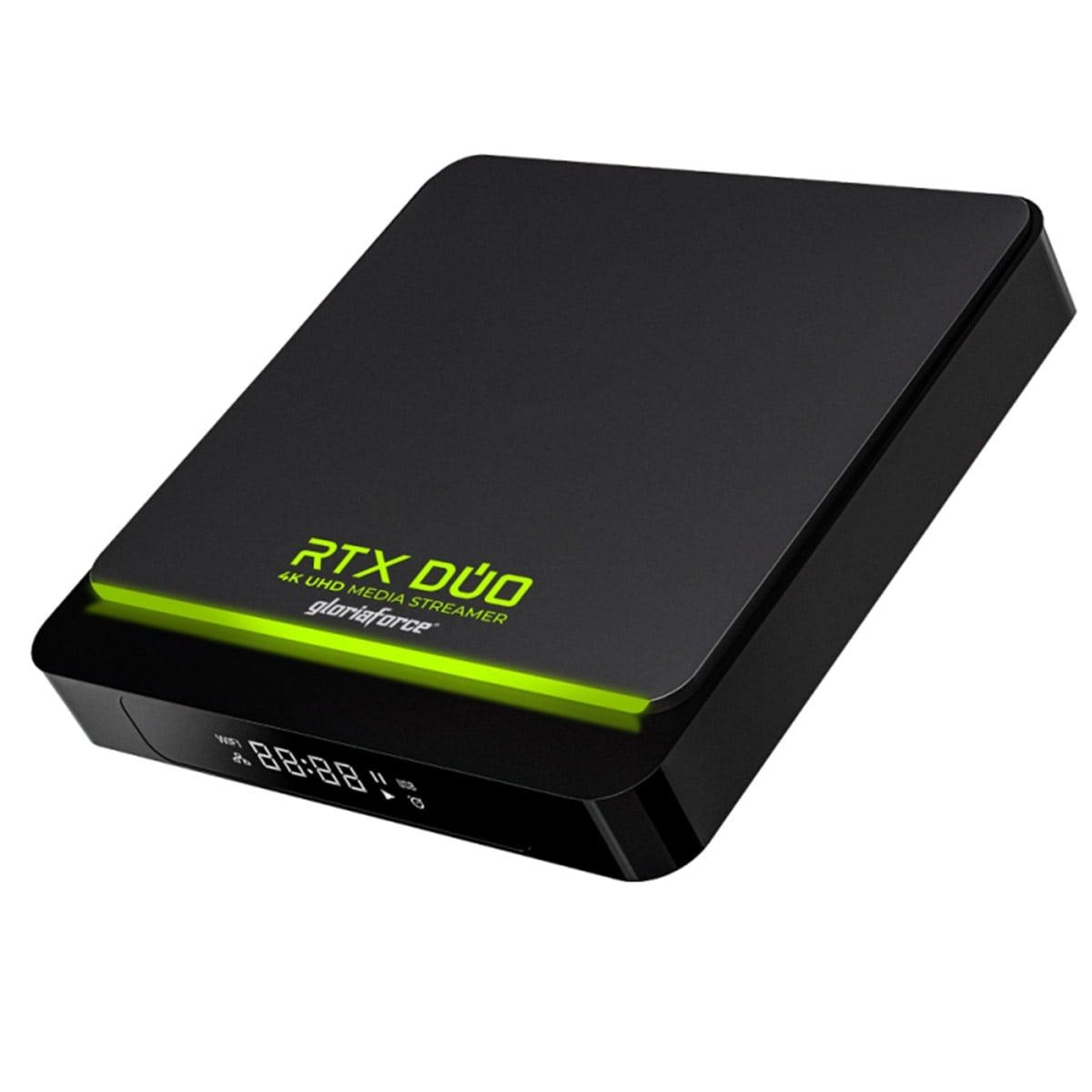 Schwarzes Media-Streamer-Gerät mit grünem Neonlicht. Text: RTX DUO, 4K UHD MEDIA STREAMER.