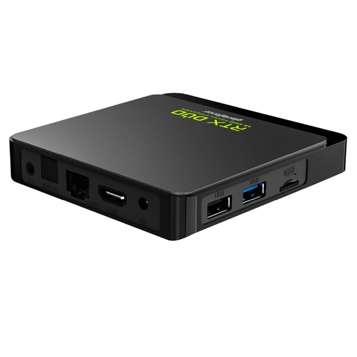 Ein schwarzer Media Player mit Anschlüssen. Er trägt die Aufschrift „RTX DUD“ und „4K UHD MEDIA PLAYER“.