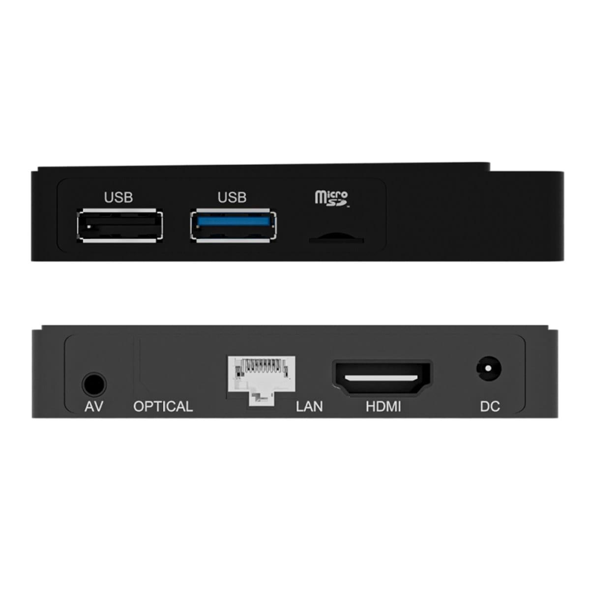 Schwarze Box mit USB-, LAN- und HDMI-Anschlüssen. Oben: USB, USB, Micro. Unten: AV, Optical, LAN, HDMI, DC.