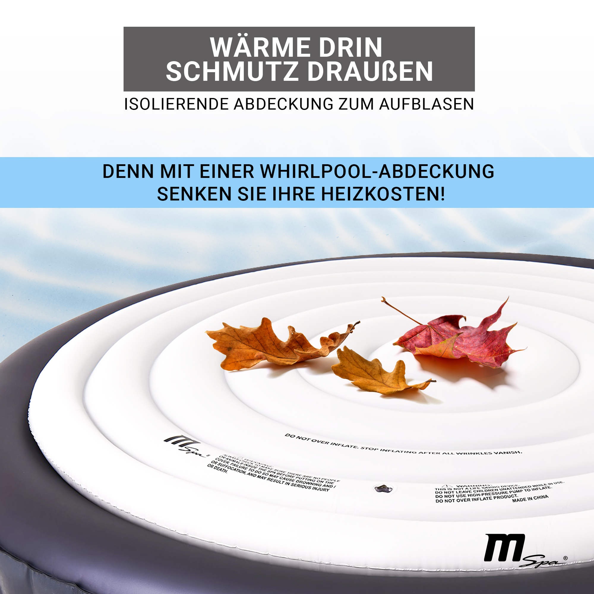 Weiße Whirlpool-Abdeckung mit Blättern. Text über Isolierung und Heizkostenreduzierung.