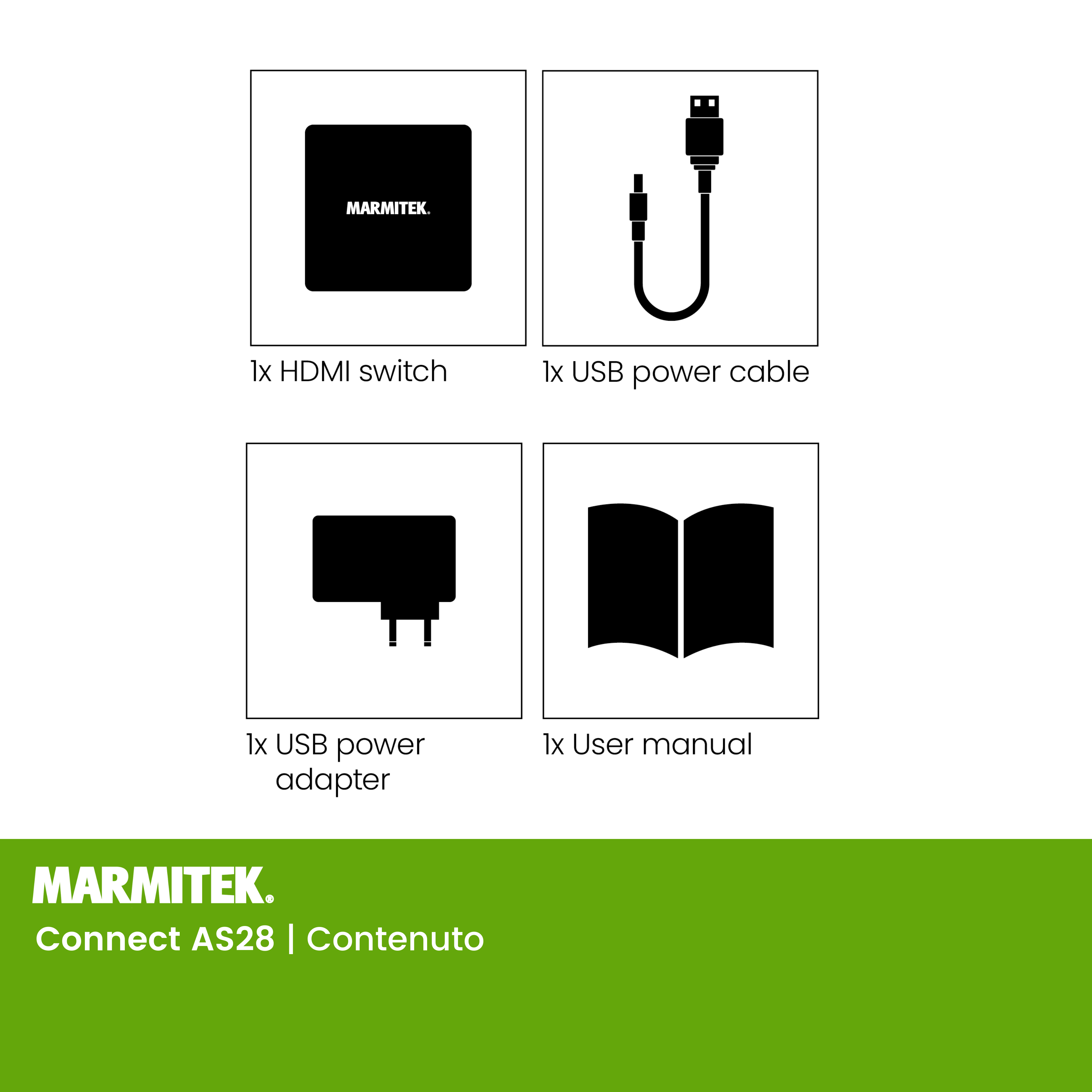 Quattro icone: interruttore HDMI, cavo di alimentazione USB, adattatore di alimentazione USB e manuale utente su sfondo bianco con piè di pagina verde.