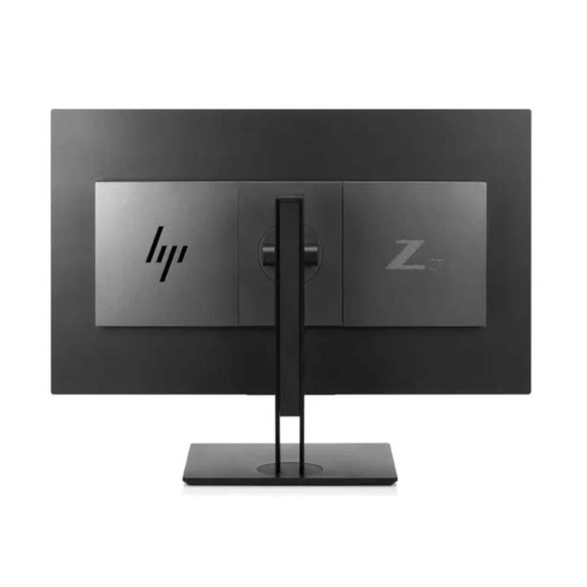 Rückseite eines schwarzen Computermonitors mit Ständer.