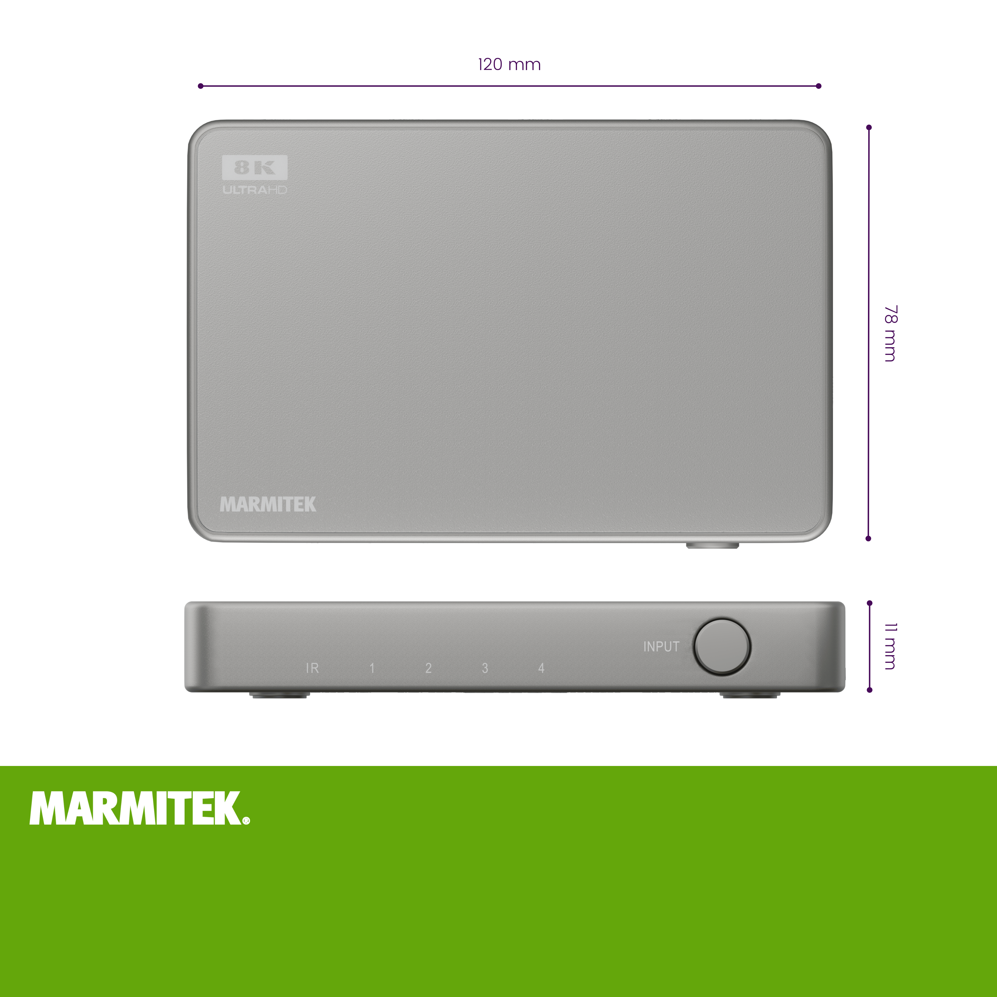 Un dispositivo argentato con dimensioni e testo MARMITEK. Ha un pulsante e il testo 8K ULTRAHD sul dispositivo.