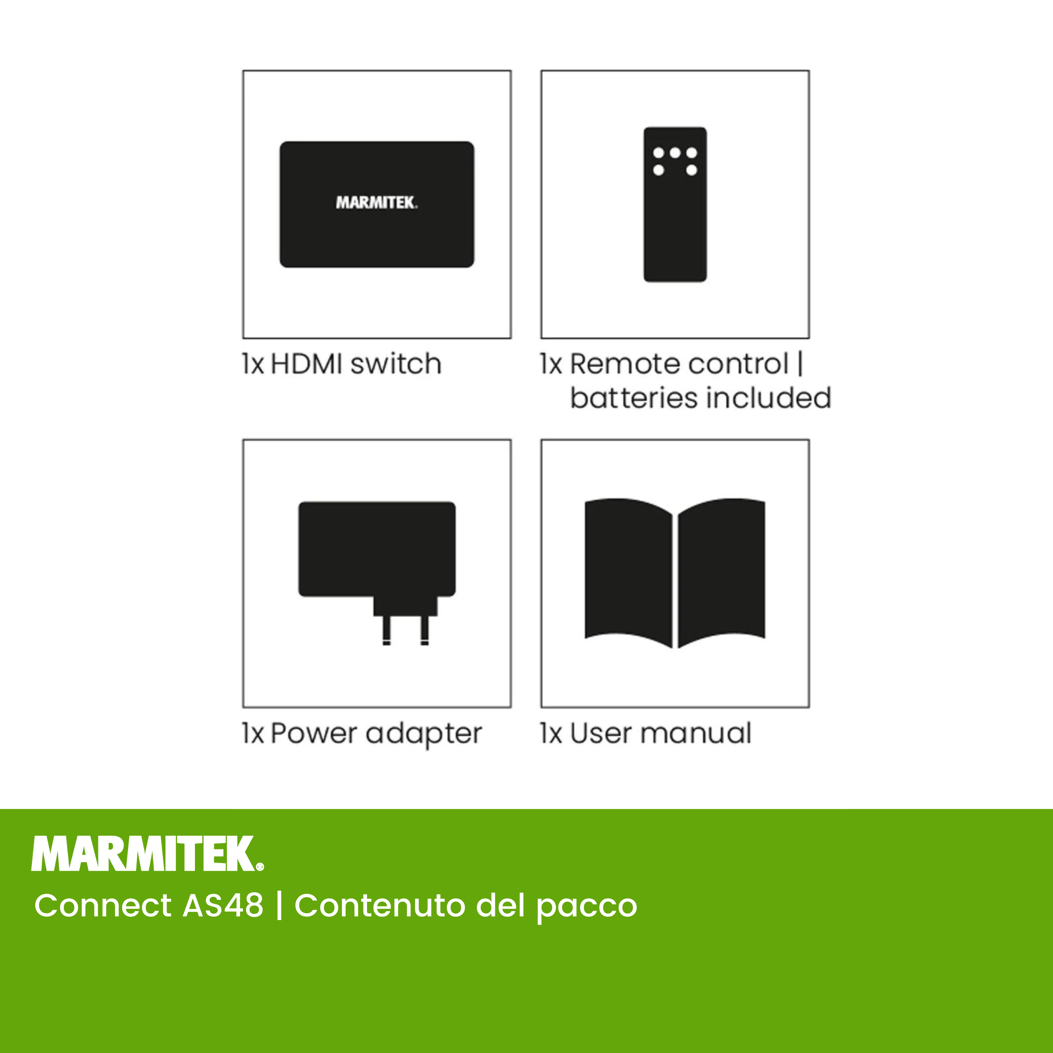 Quattro icone: interruttore HDMI, telecomando con batterie, adattatore di alimentazione e manuale utente su sfondo bianco.