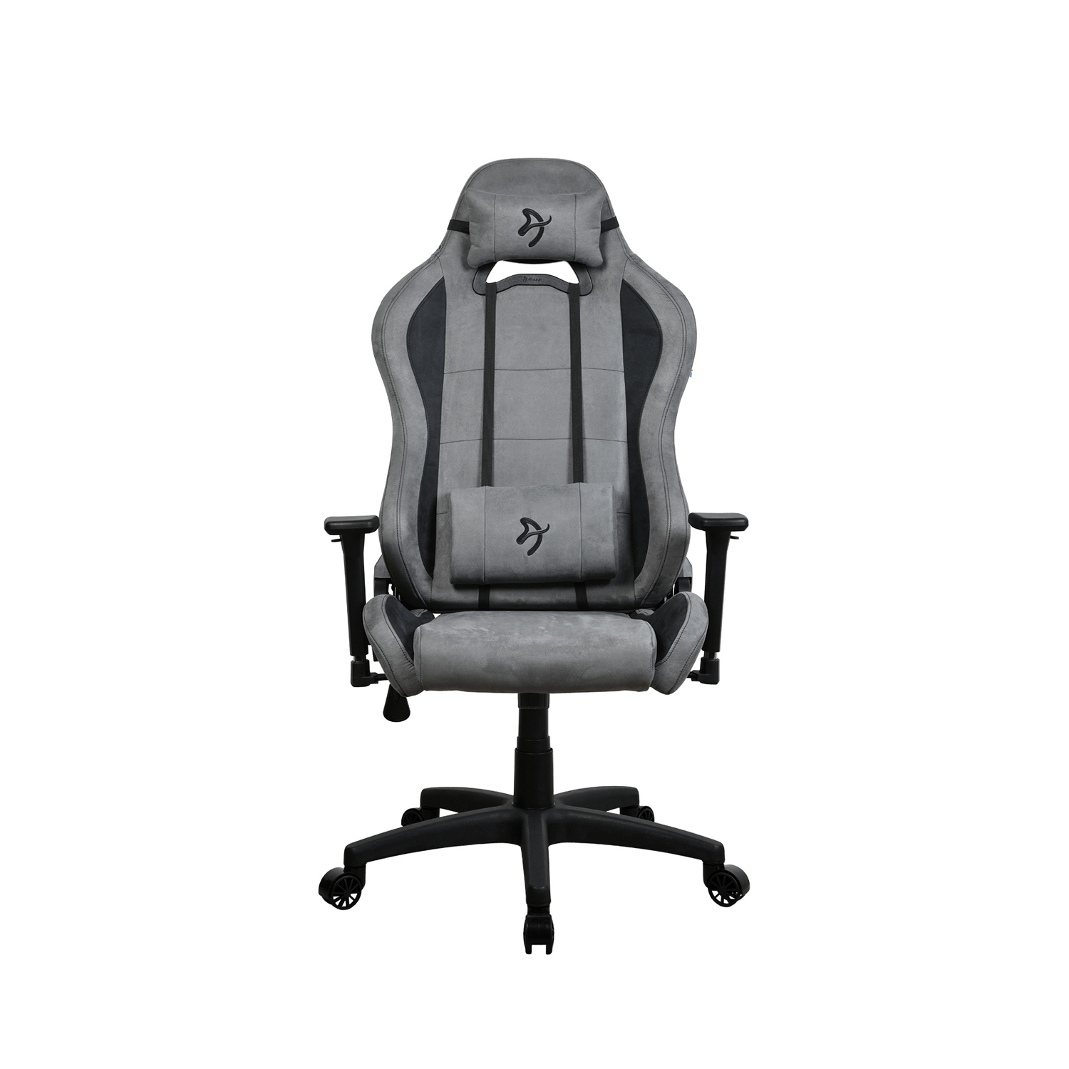 Grauer Gaming-Stuhl mit schwarzen Akzenten. Kopfstütze und Lendenwirbelstütze sichtbar.