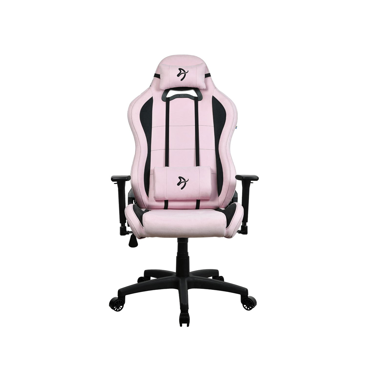 Een roze en zwarte gamingstoel. Hij heeft een hoofdsteun en een lendensteunkussen.