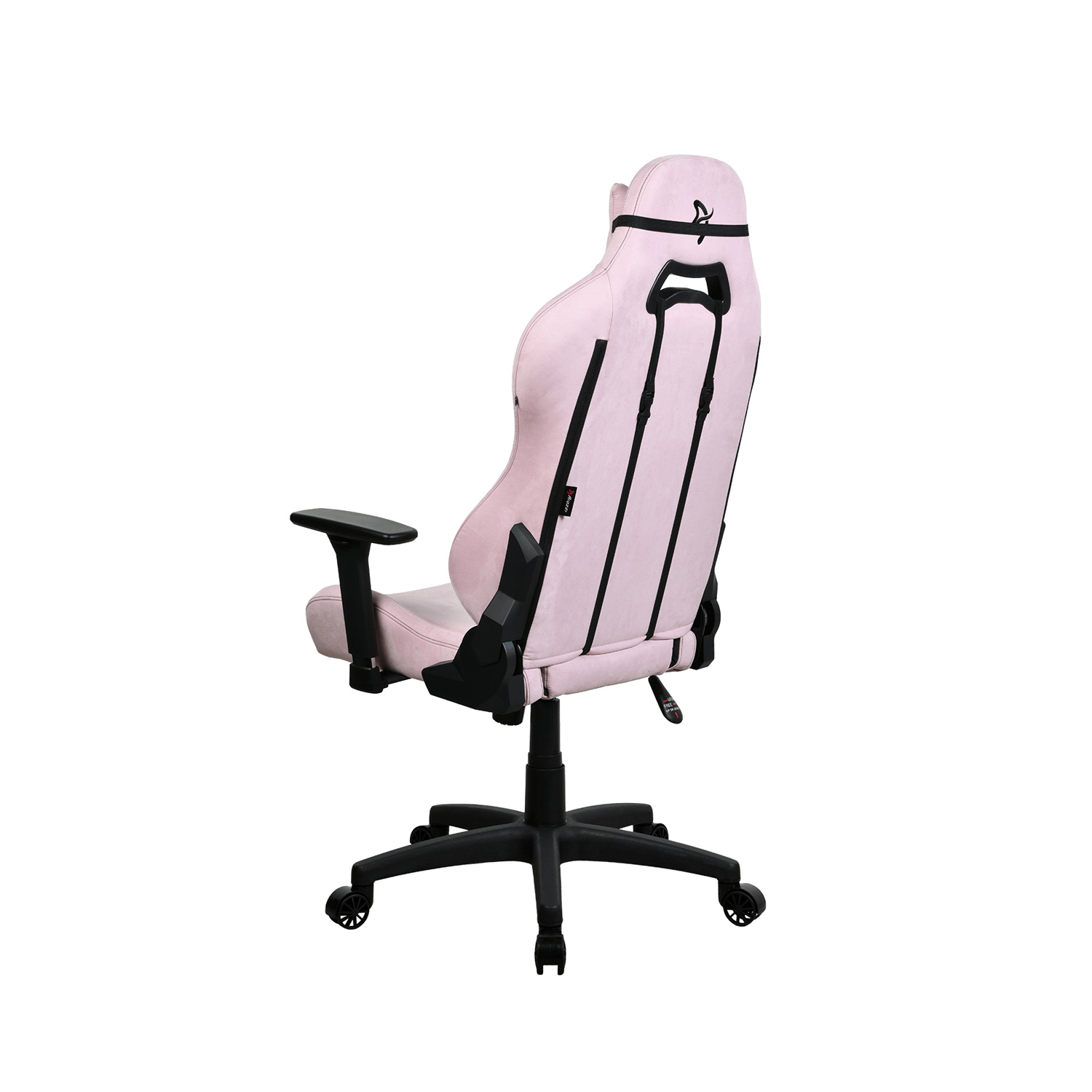 Roze gamingstoel, zwarte accenten, zwarte basis en armleuningen, witte achtergrond, achteraanzicht.
