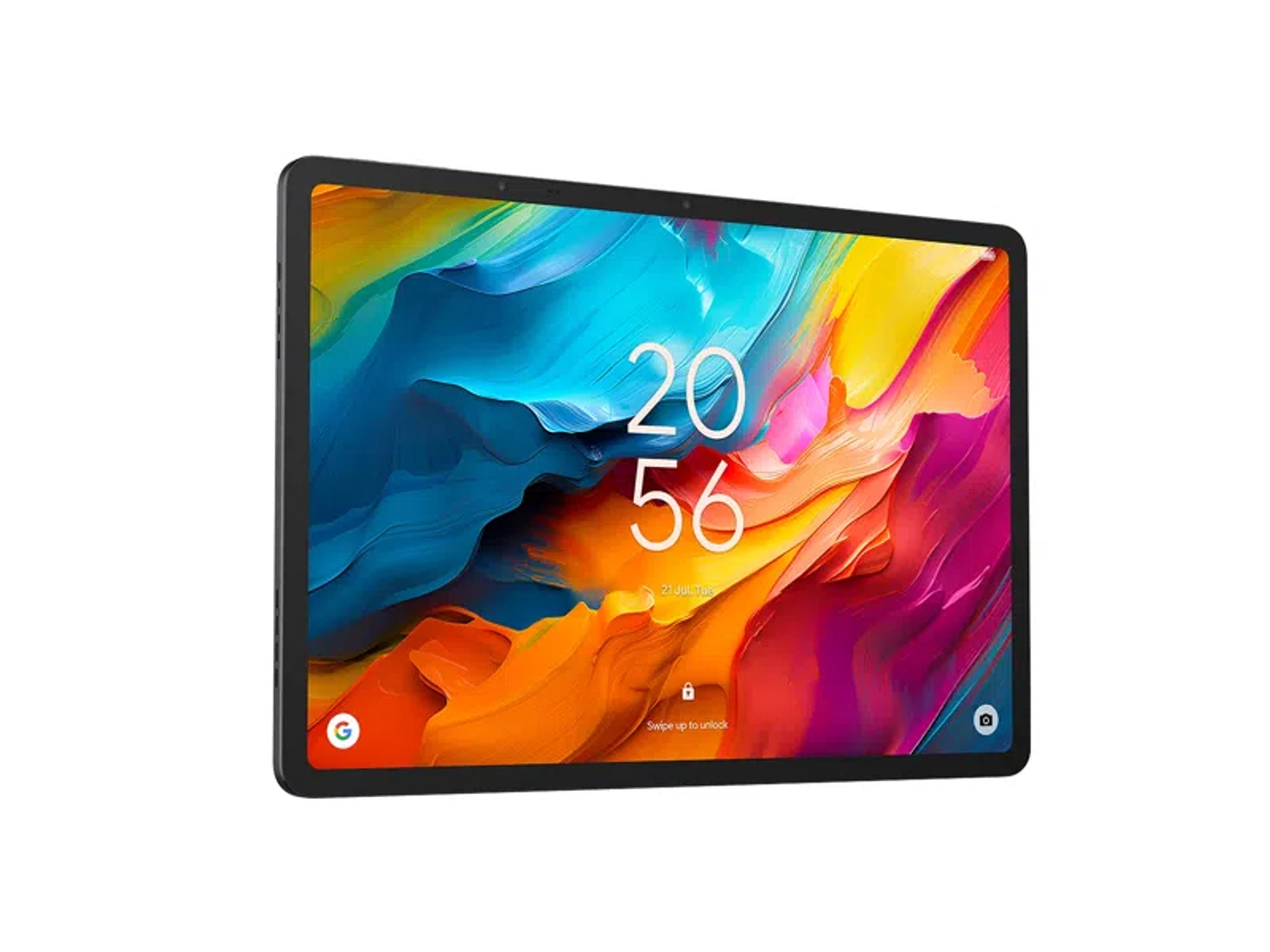 Tableta negra con pantalla colorida que muestra la hora y un símbolo de candado. La tableta tiene un borde negro.