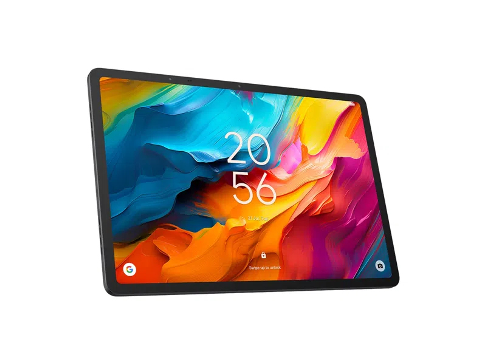 Una tableta que muestra una imagen abstracta colorida con la hora 20:56.
