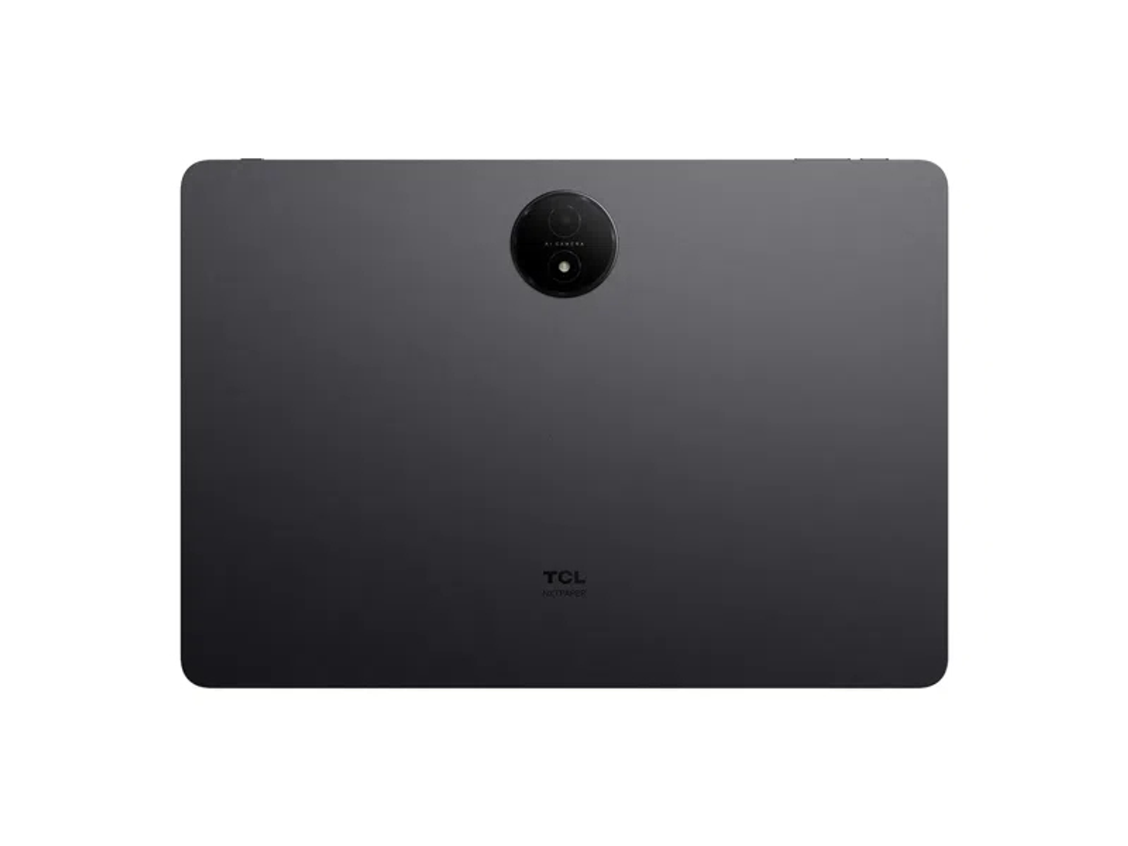Tableta negra. La parte trasera tiene un módulo de cámara y el logotipo de TCL.