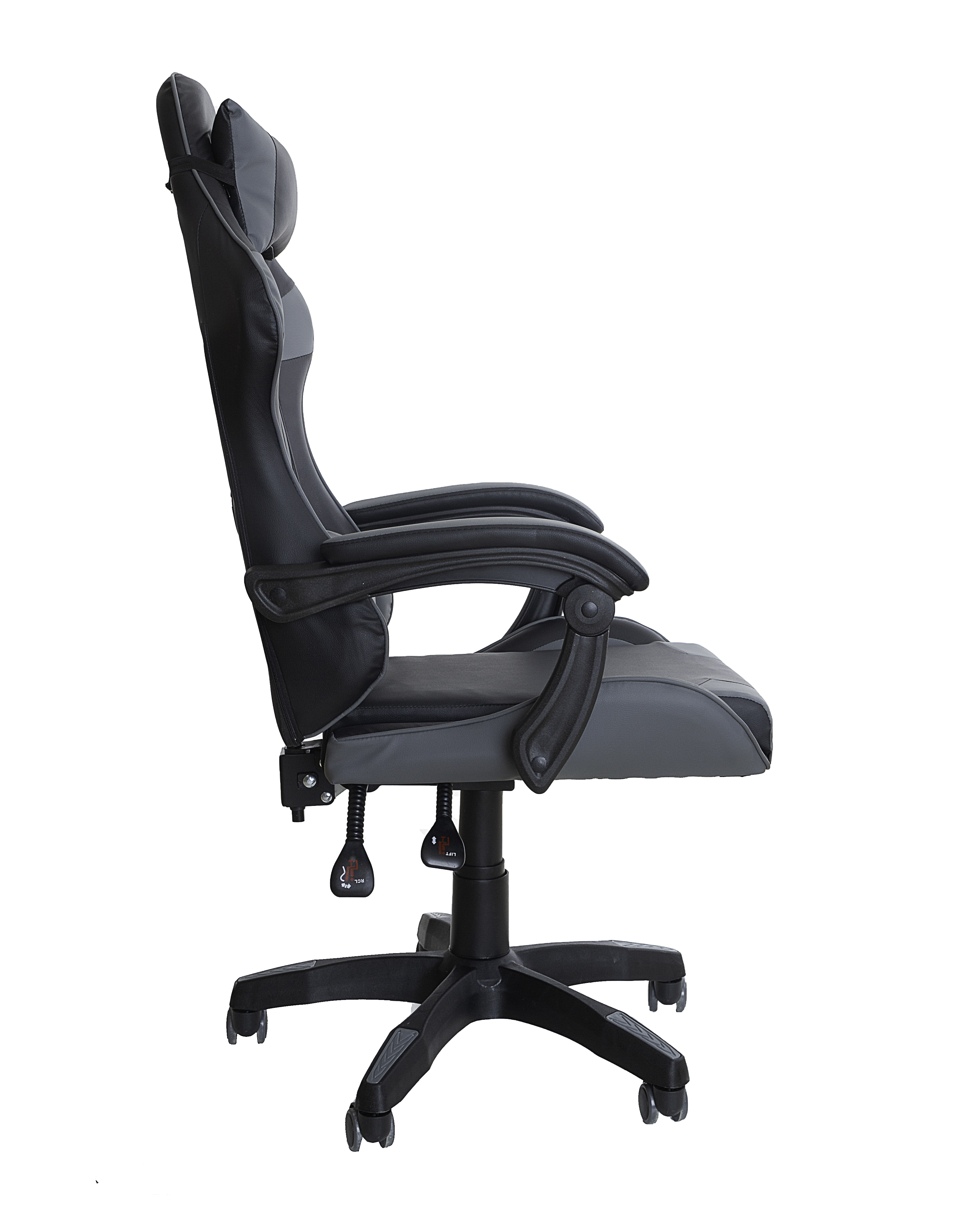 Silla gaming negra y gris, vista lateral. Fondo blanco.