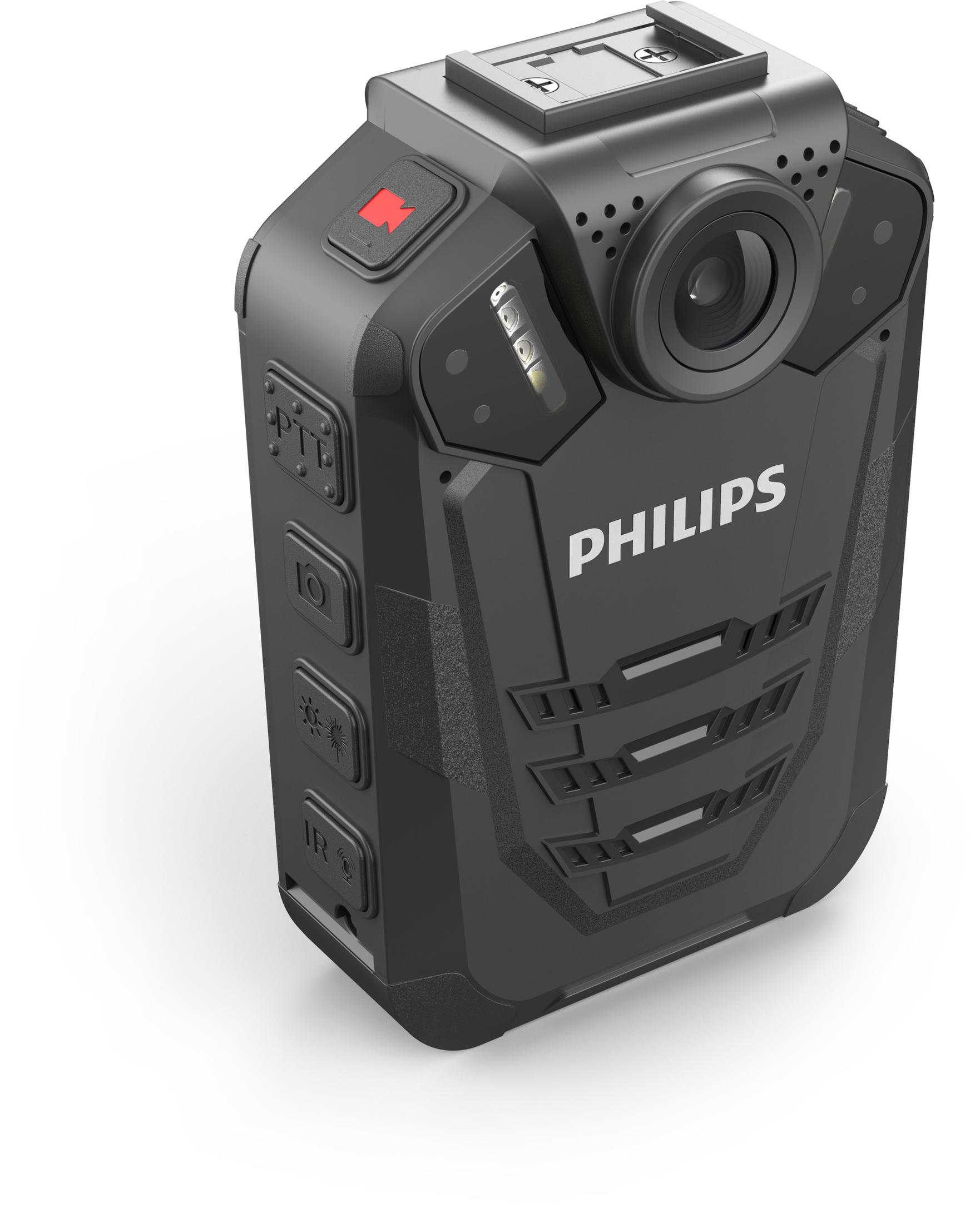 Eine schwarze Philips-Körperkamera. Sie hat Knöpfe, ein Objektiv und das Philips-Logo. Der Hintergrund ist weiß.