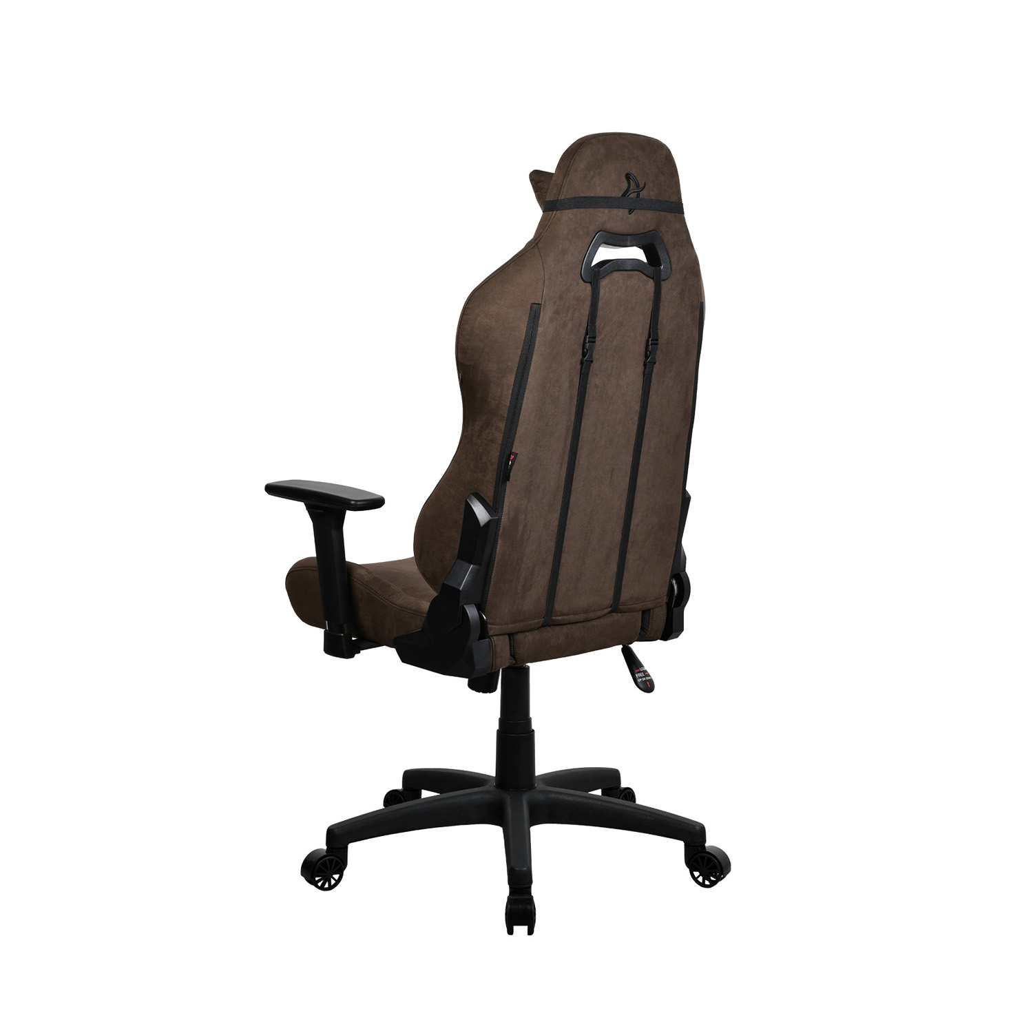 Bruine gamingstoel, achteraanzicht. Witte achtergrond.