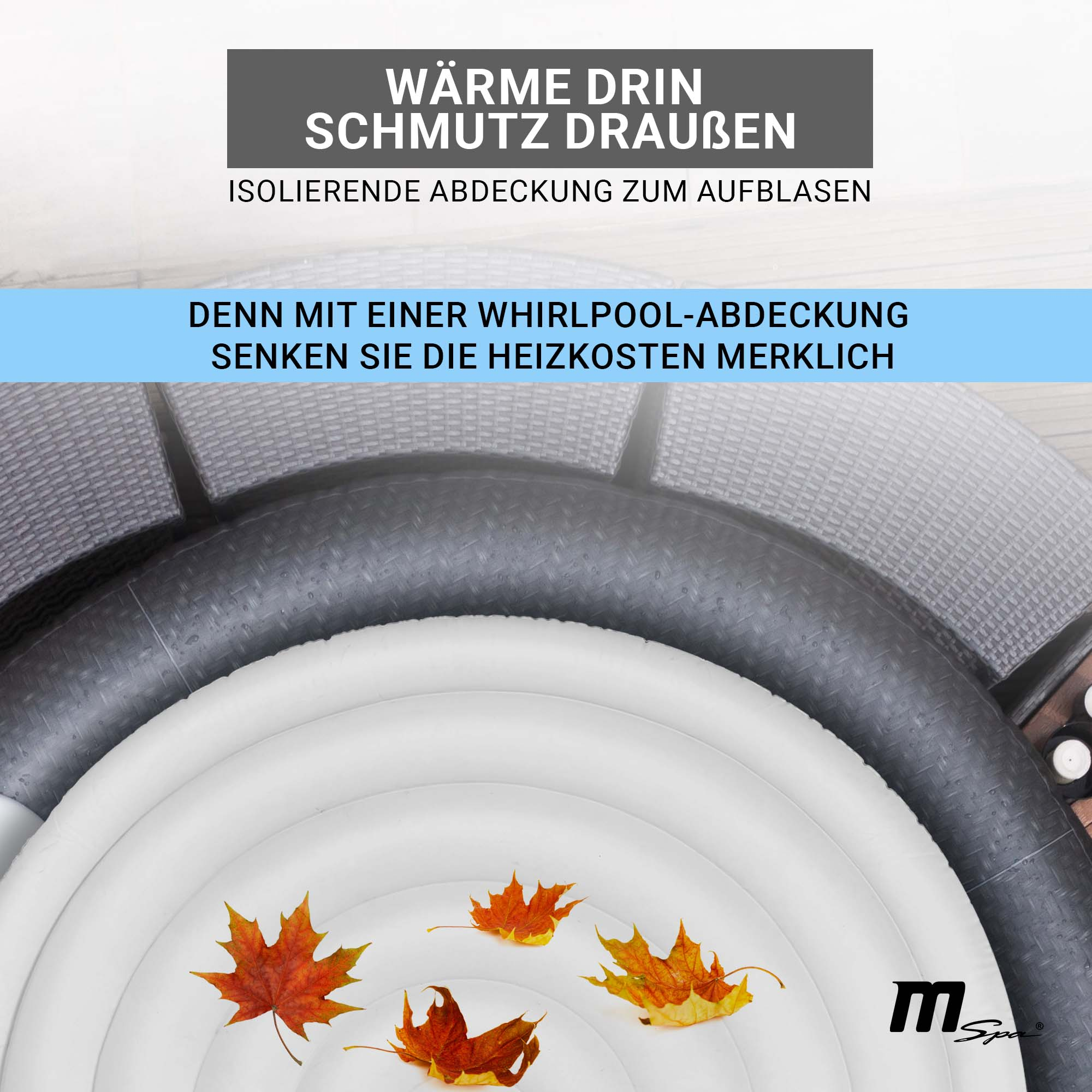 Whirlpool-Abdeckung. Text: Wärme rein, Schmutz raus. Aufblasbare Abdeckung spart Energie.