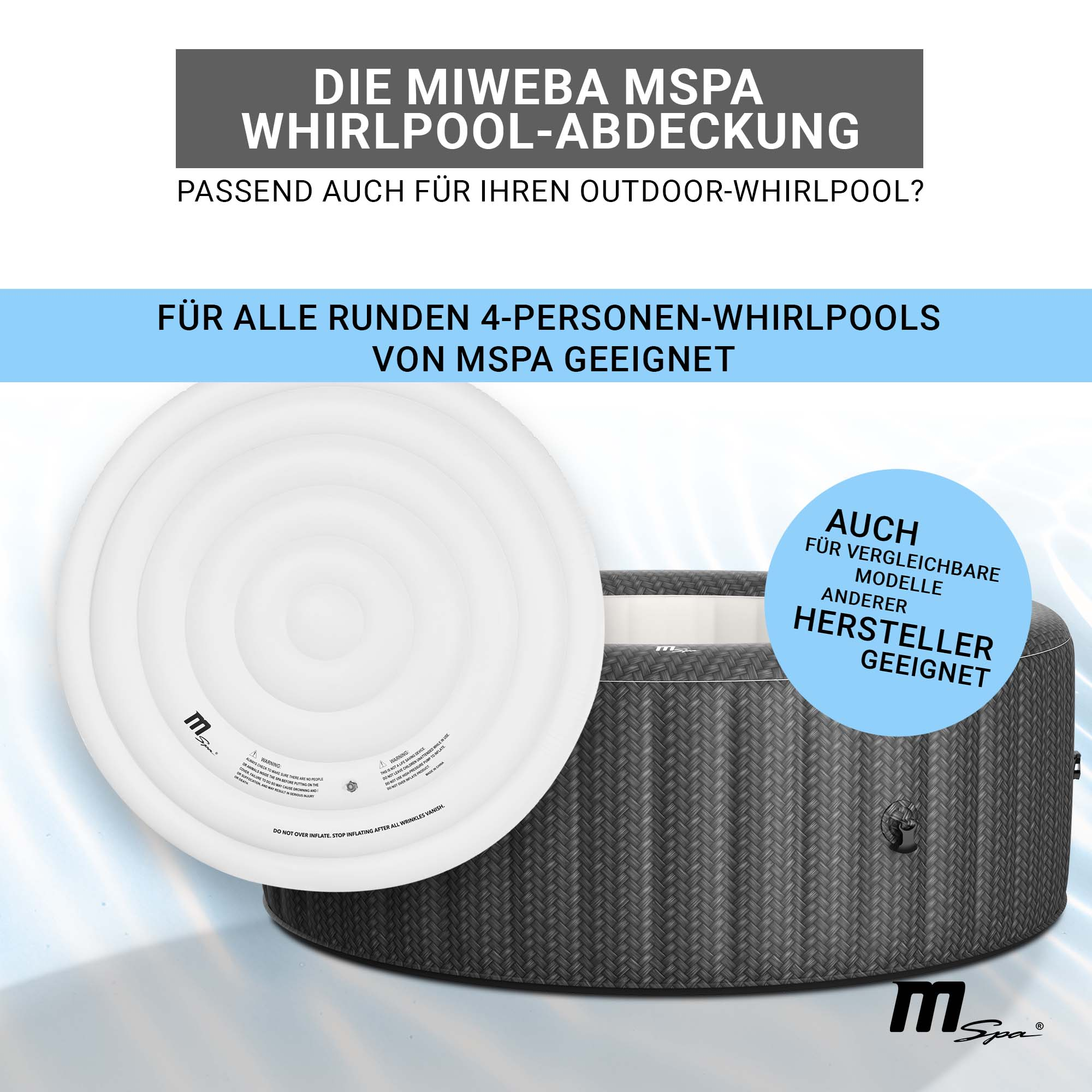 Ein schwarzes und graues Spa mit weißem Deckel. Text auf Deutsch über die Eigenschaften des Spas.