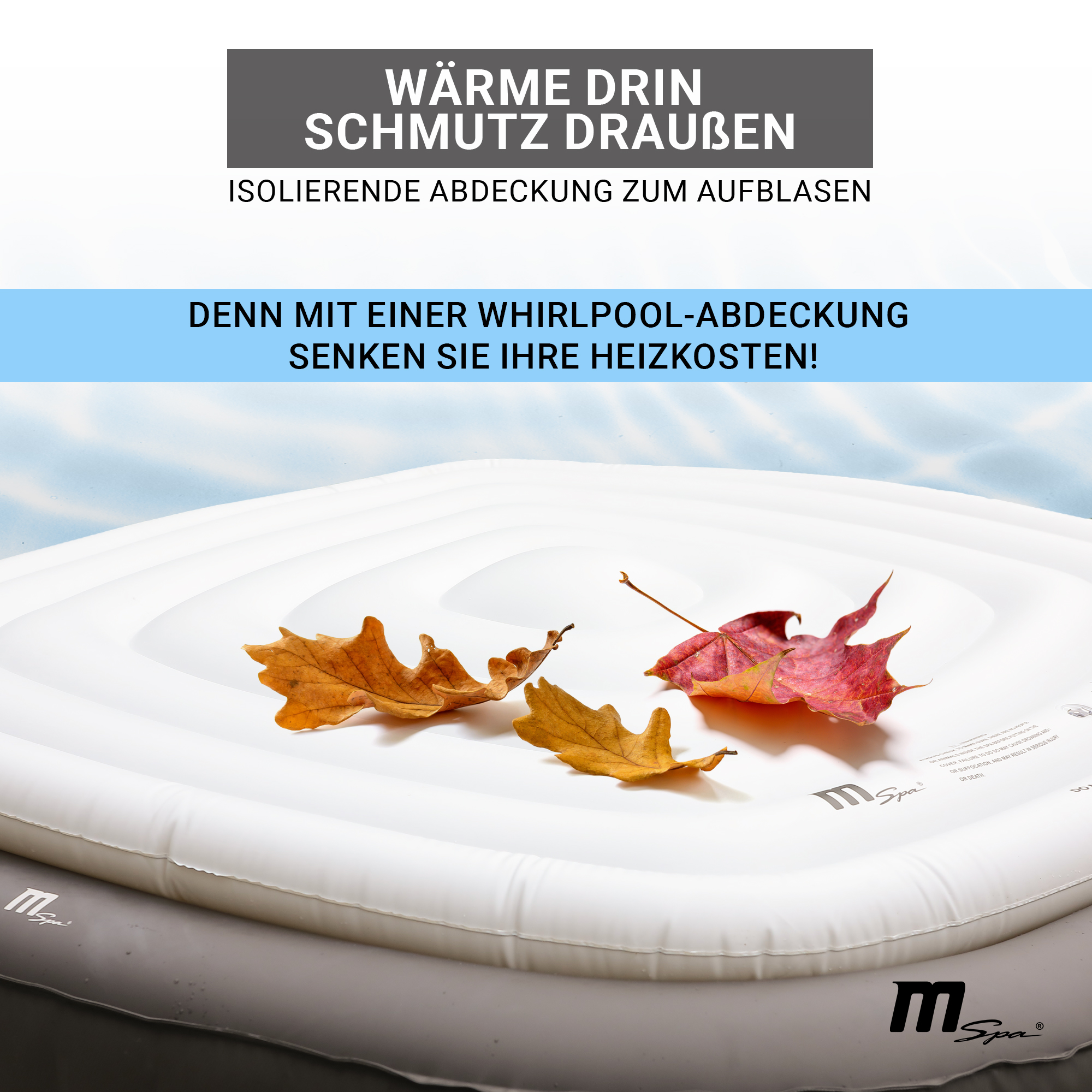Weiße Whirlpoolabdeckung mit Herbstblättern. Text auf Deutsch. Umgebung im Freien.