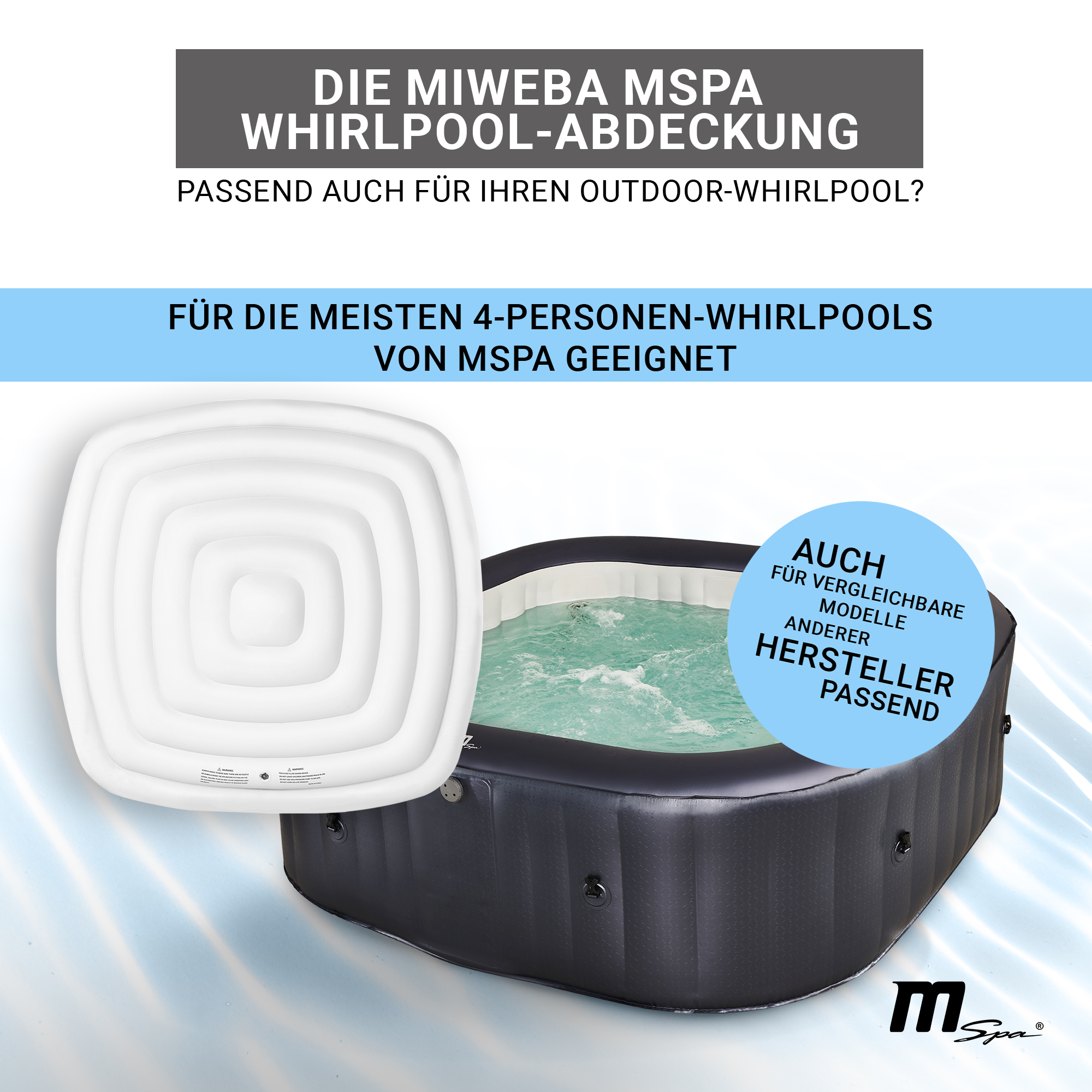 Aufblasbarer Whirlpool, weiß und schwarz. Ein weißer Deckel daneben. Text zum Produkt.