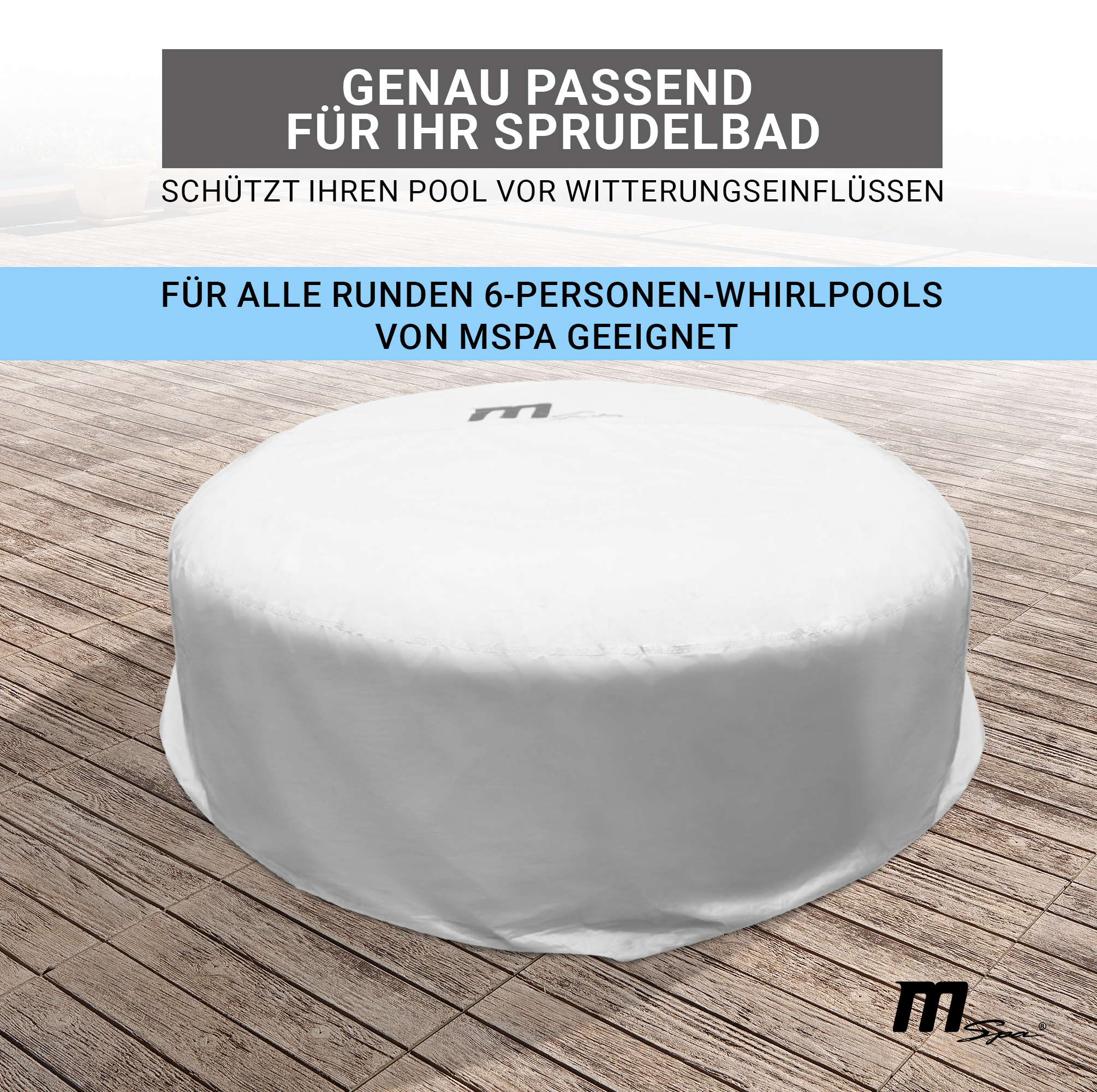 Eine weiße Abdeckung für ein rundes Spa, mit deutschem Text darüber und der Verwendung des Spas.