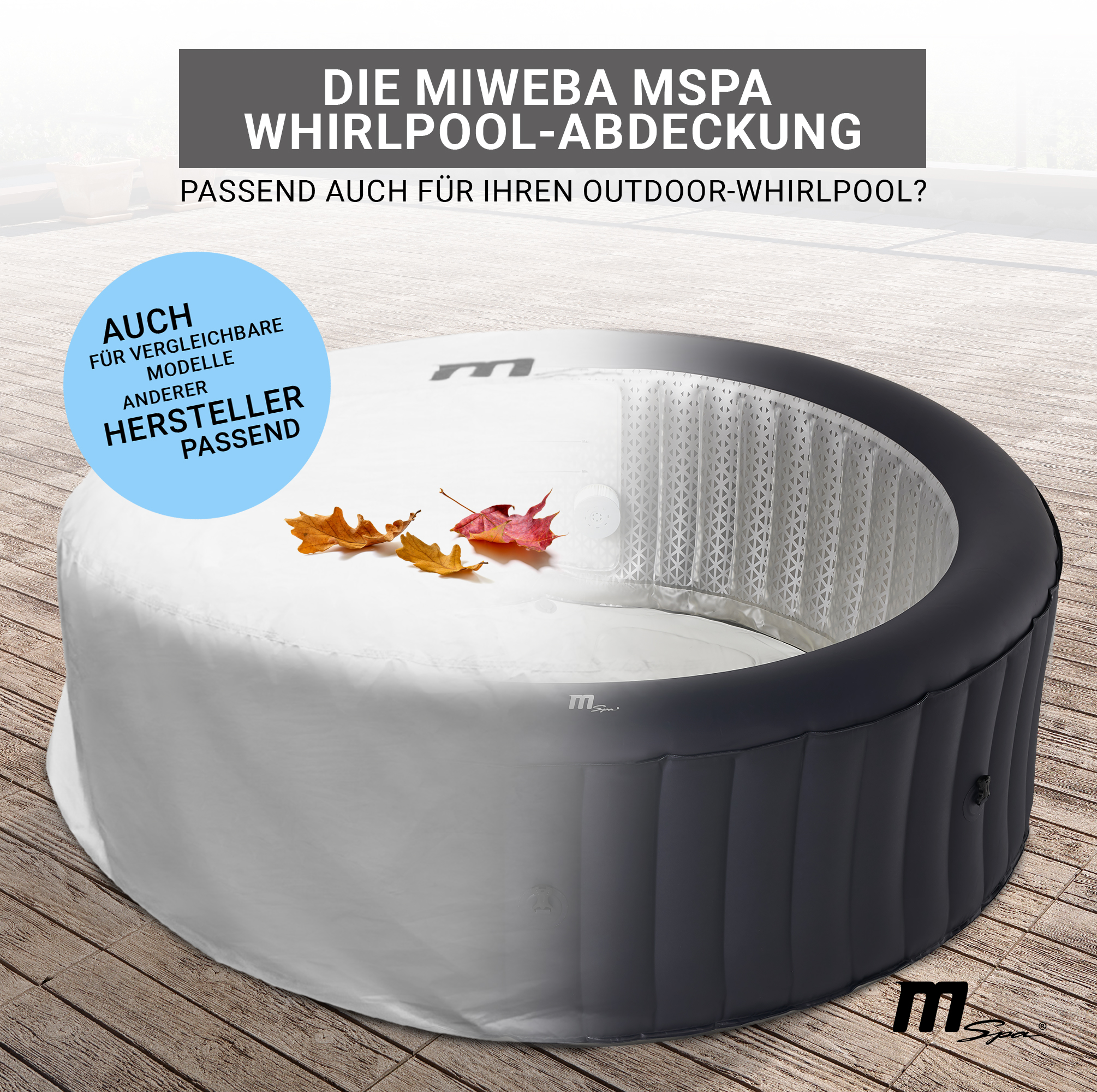 Whirlpool-Abdeckung mit Herbstblättern. Text sagt MSpa Whirlpool-Abdeckung, geeignet für Outdoor-Whirlpools.