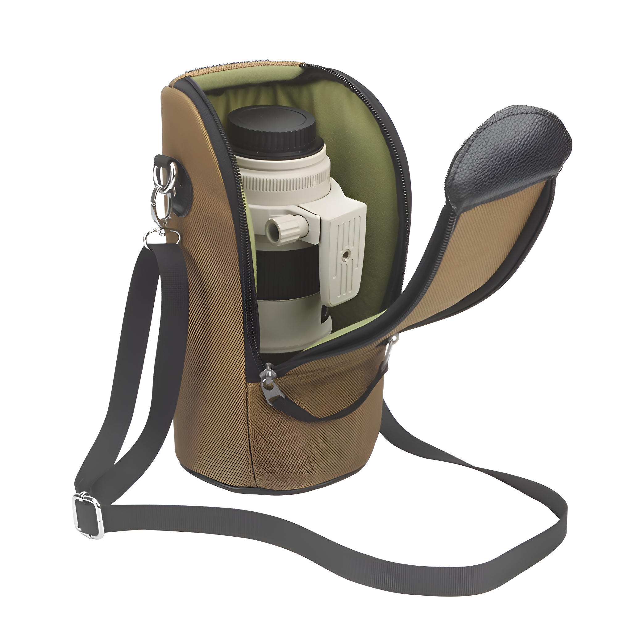 Kameraobjektiv in einer beigen Tasche mit schwarzem Gurt. Die Tasche ist offen.