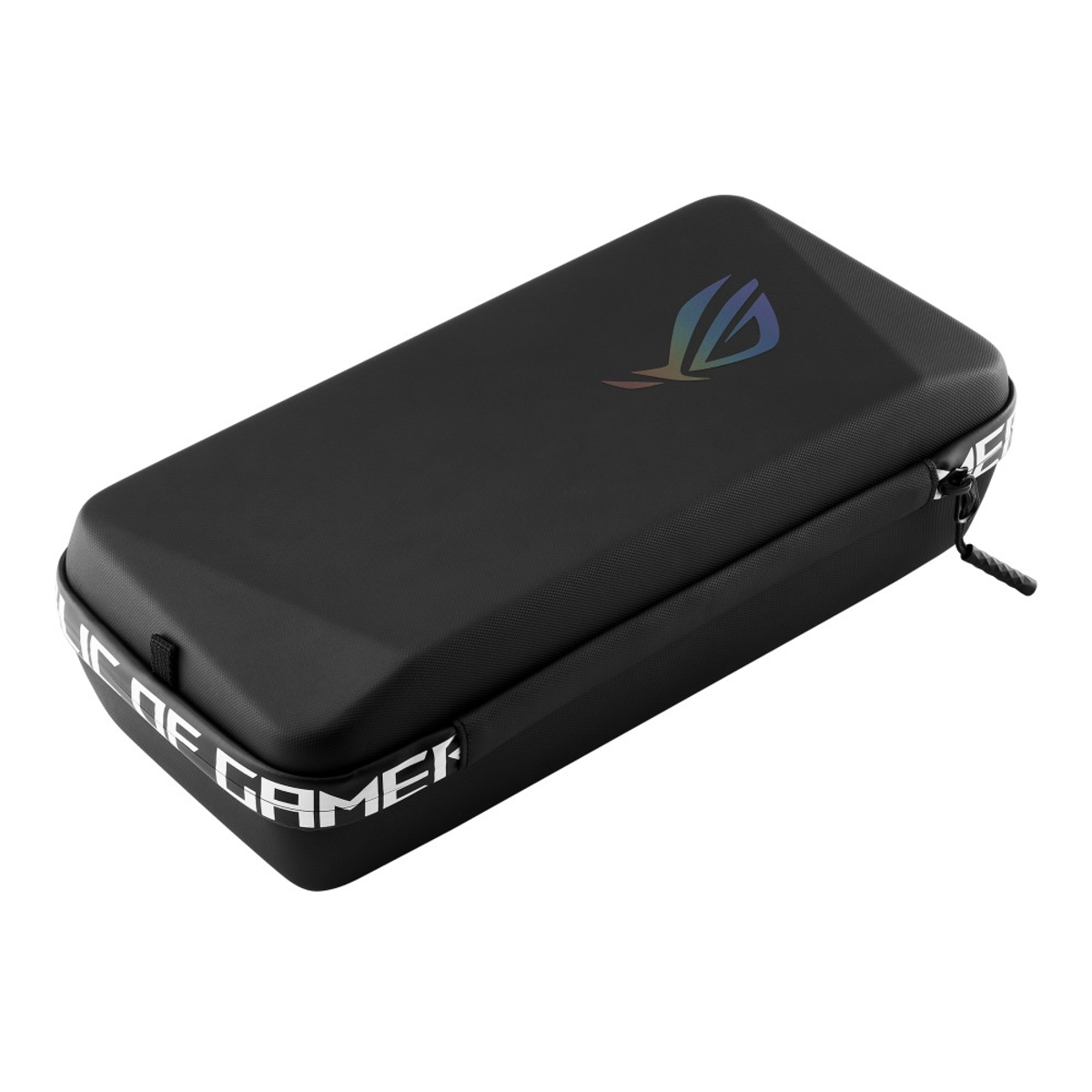 Funda negra para jugadores ROG con asa, texto blanco y un logotipo en la tapa.