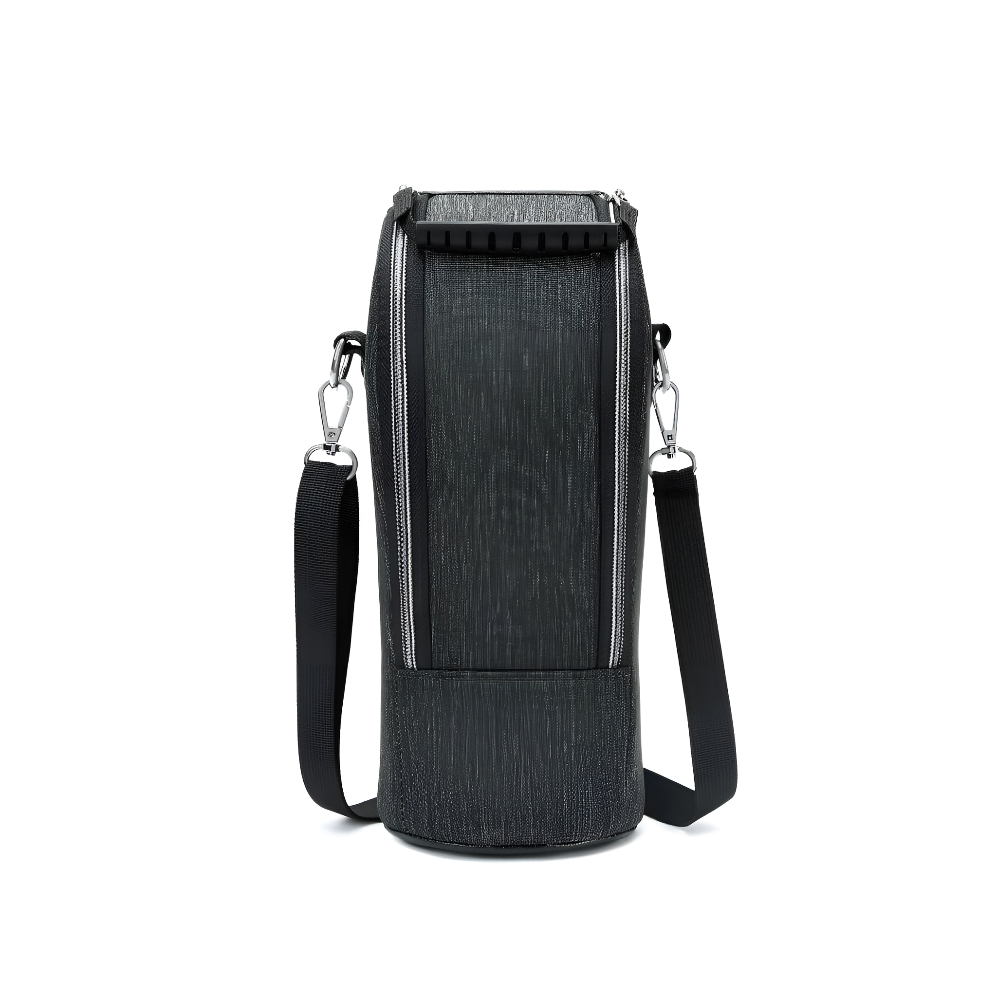 Schwarze isolierte Tasche mit Schulterriemen, auf weißem Hintergrund.