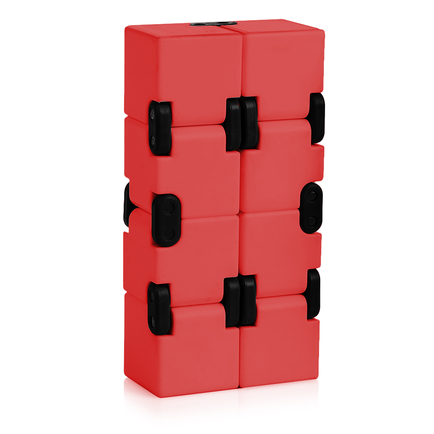 Juguete de cubos rojos conectados. Ocho cubos rojos están unidos con conectores negros, formando una estructura vertical.