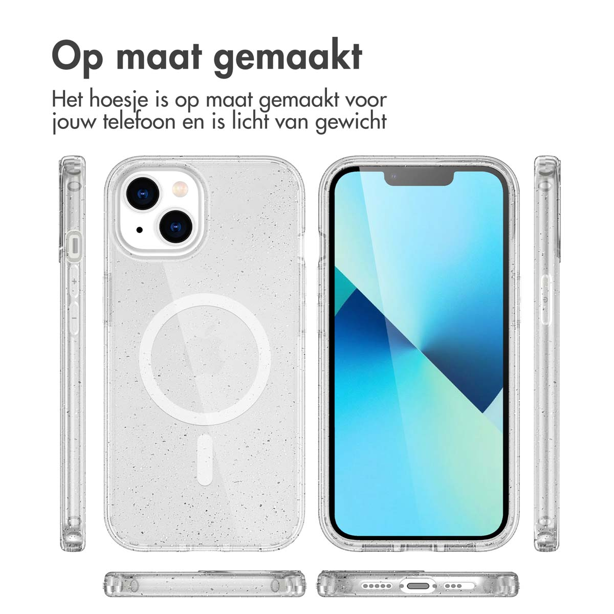 Un telefono in una custodia trasparente, mostrato da più angolazioni.