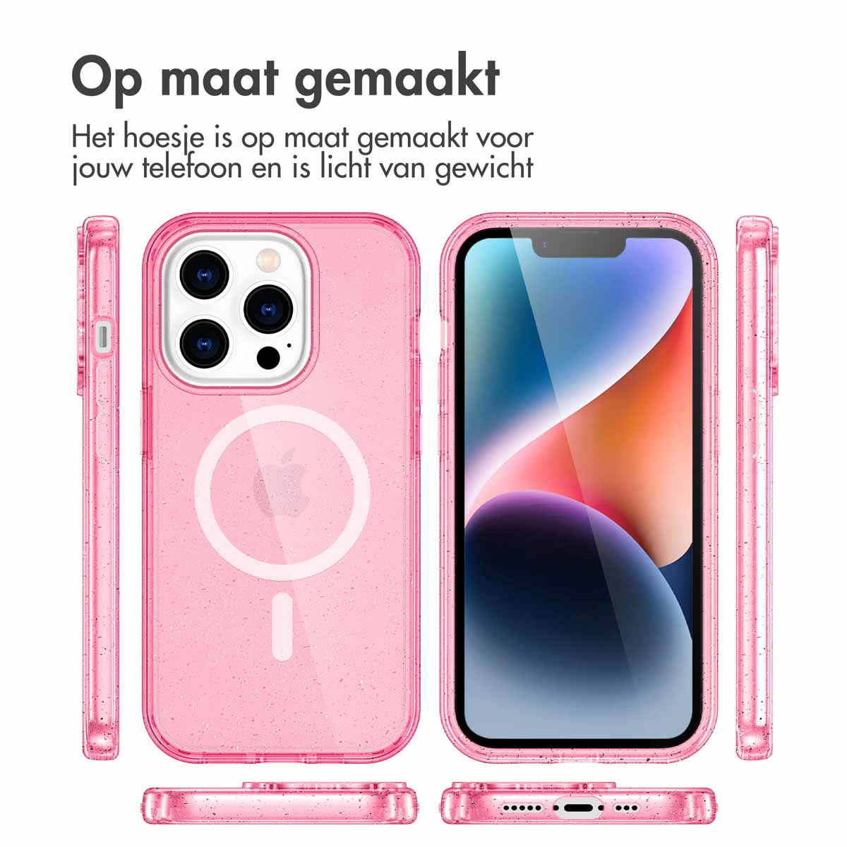 Coque de téléphone rose avec dos transparent, avec le téléphone à l'intérieur et l'anneau MagSafe visible.