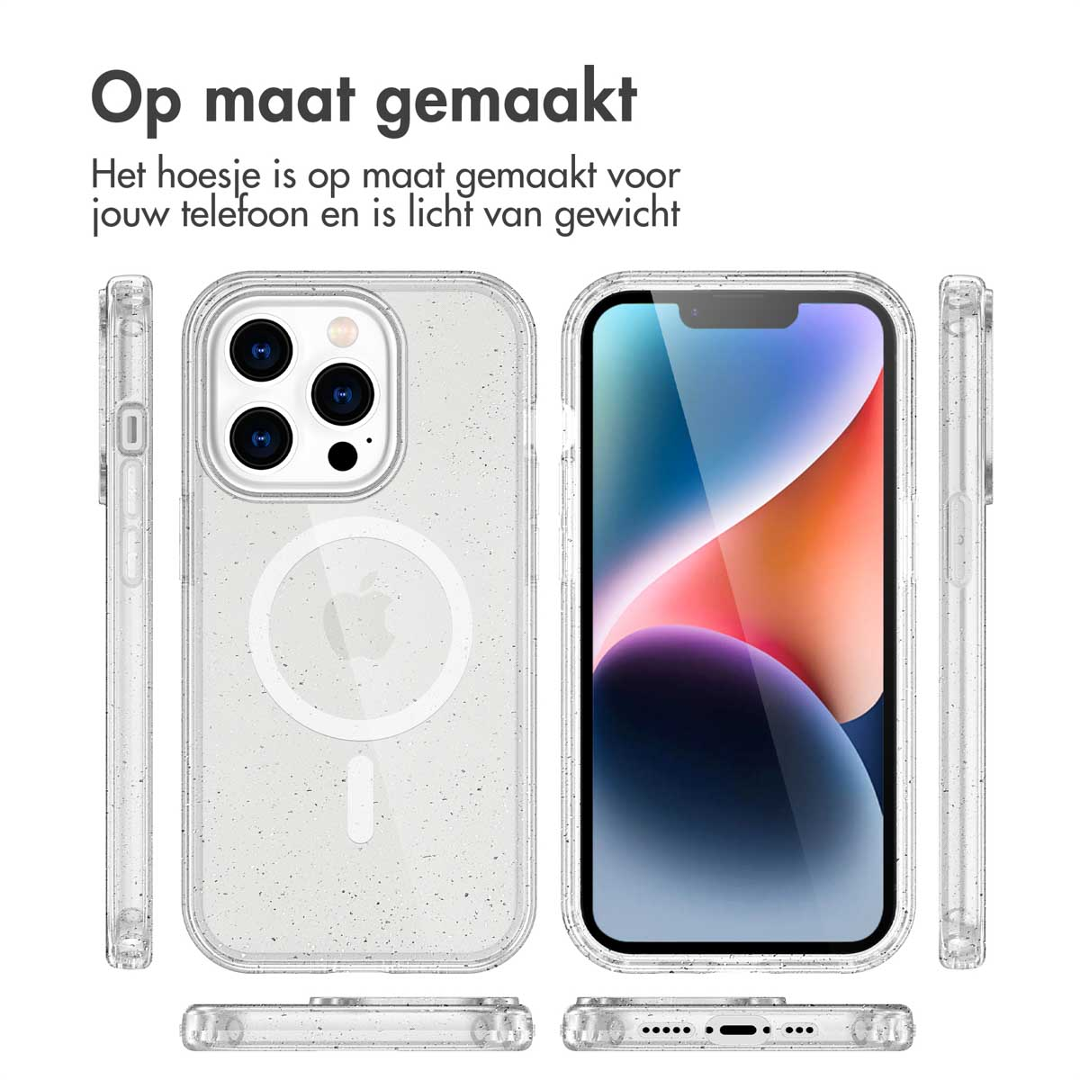 Coque transparente pour iPhone avec paillettes et téléphone, différents angles.