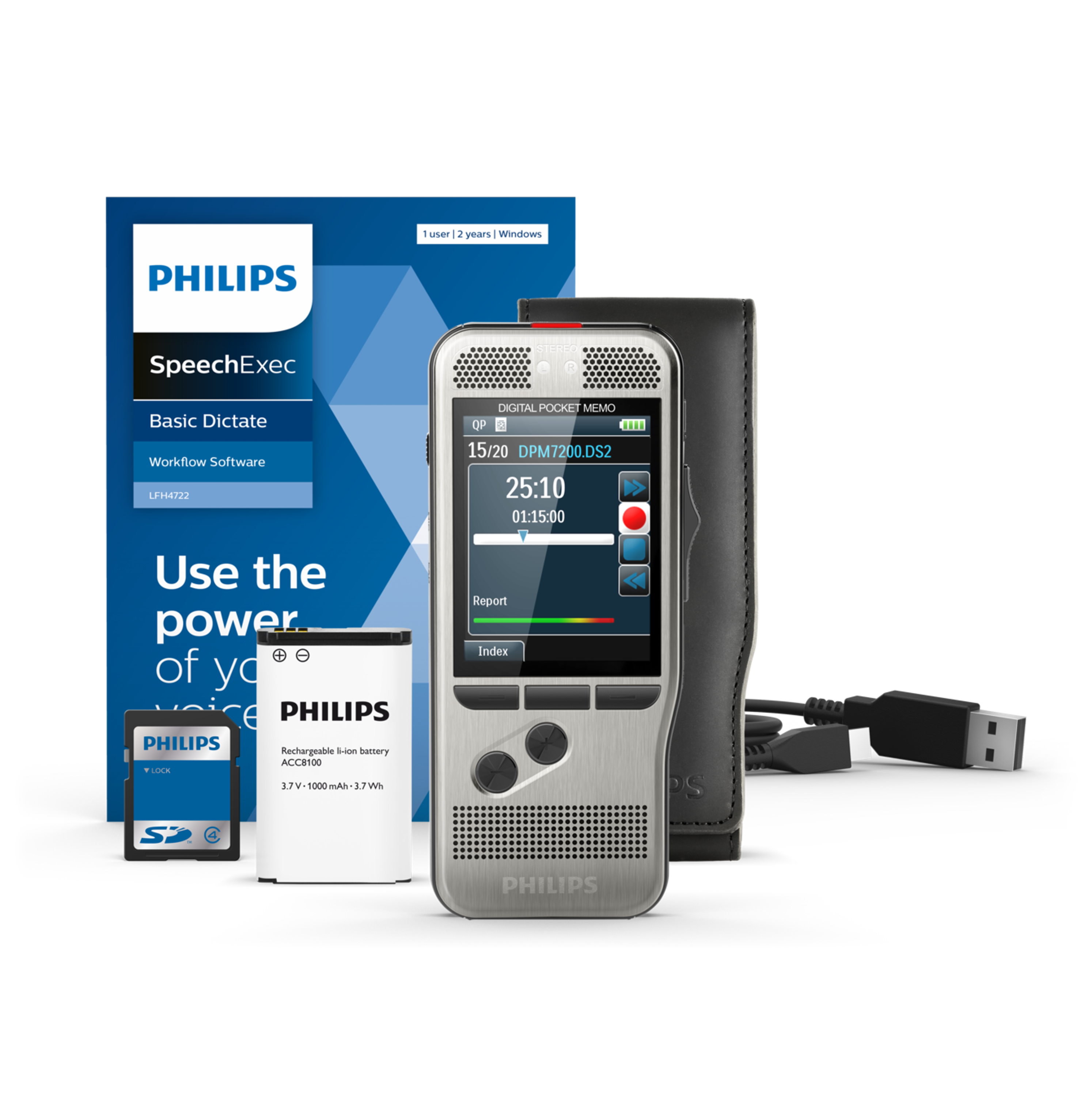 Philips Diktiergerät-Kit mit Hülle, Akku und SD-Karte. Eine Softwarebox ist ebenfalls sichtbar.