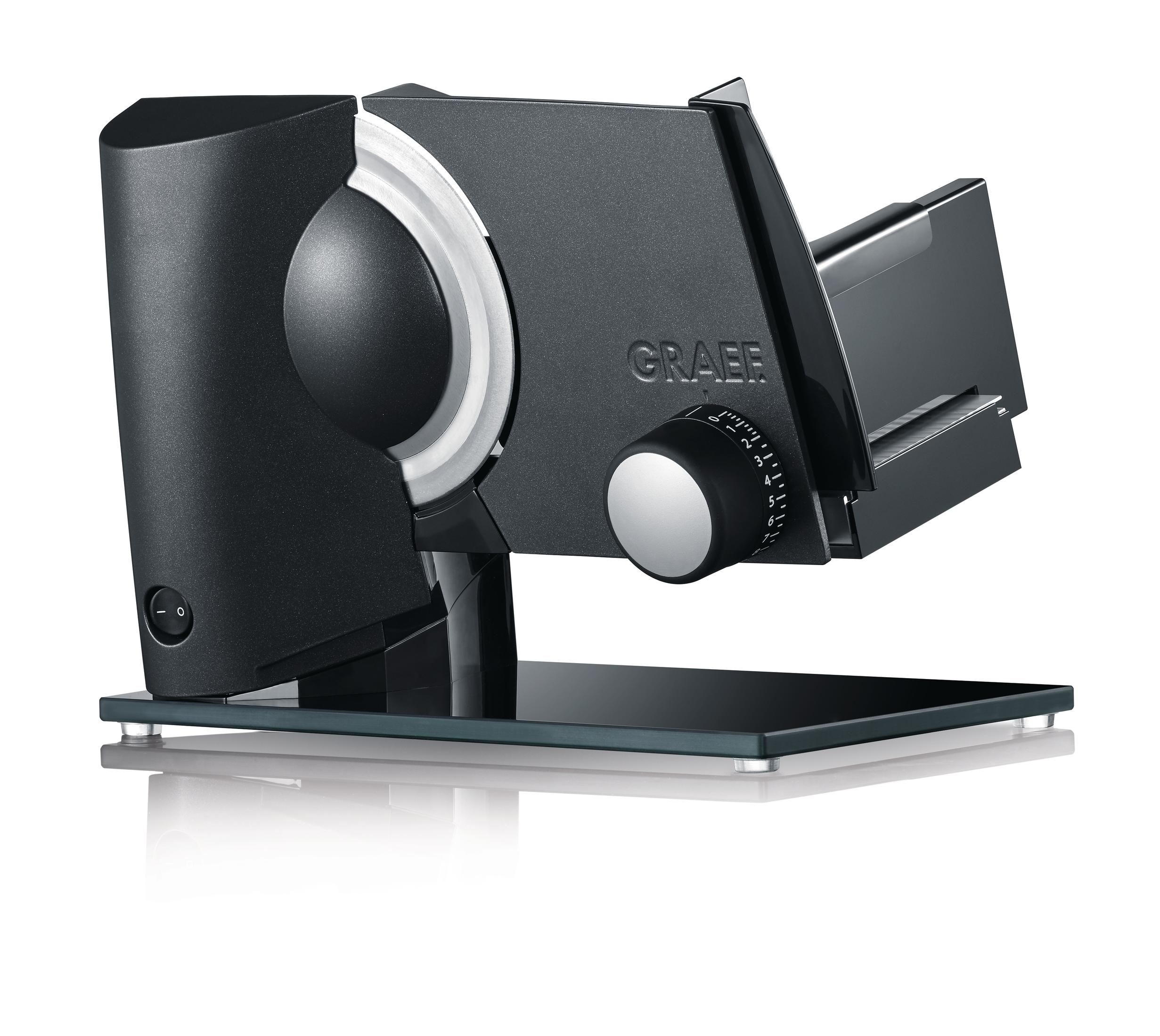 Czarno-srebrna krajalnica Graef na szklanej podstawie. Widoczne ostrze.