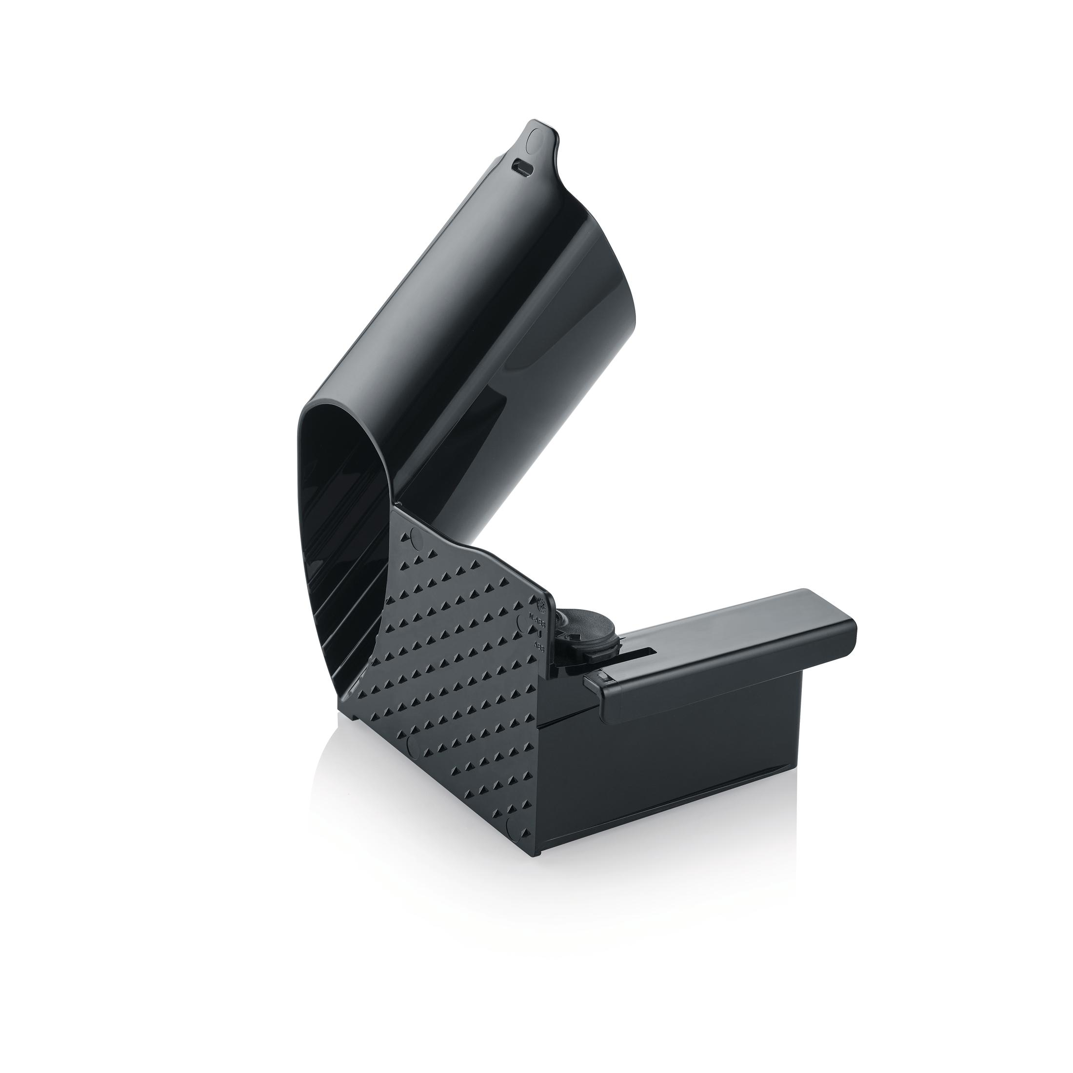 Czarny element odkurzacza, otwarty, z teksturowaną podstawą. Białe tło.