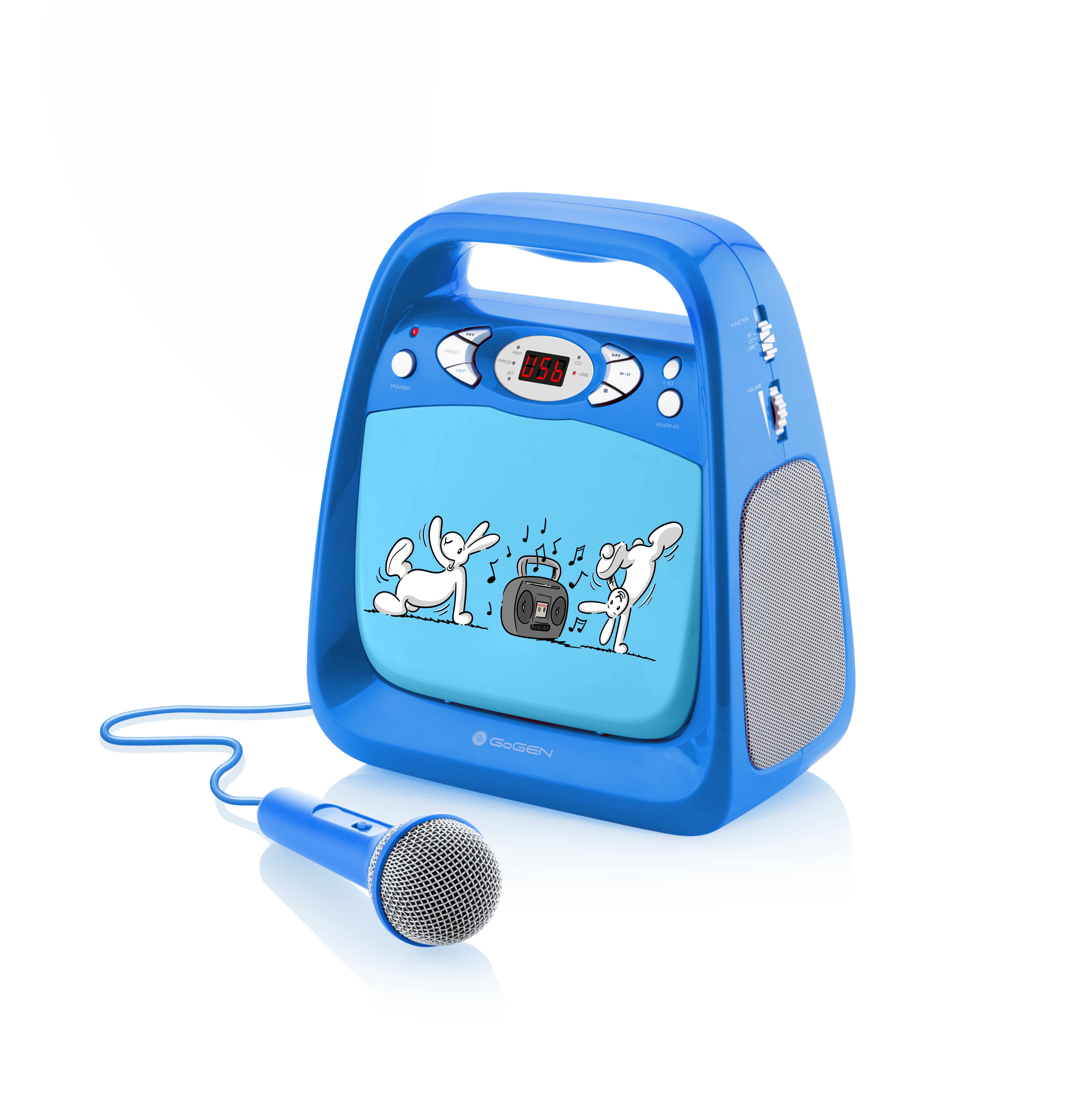 Una macchina per karaoke blu con un microfono. Ci sono cani dei cartoni animati sul davanti.