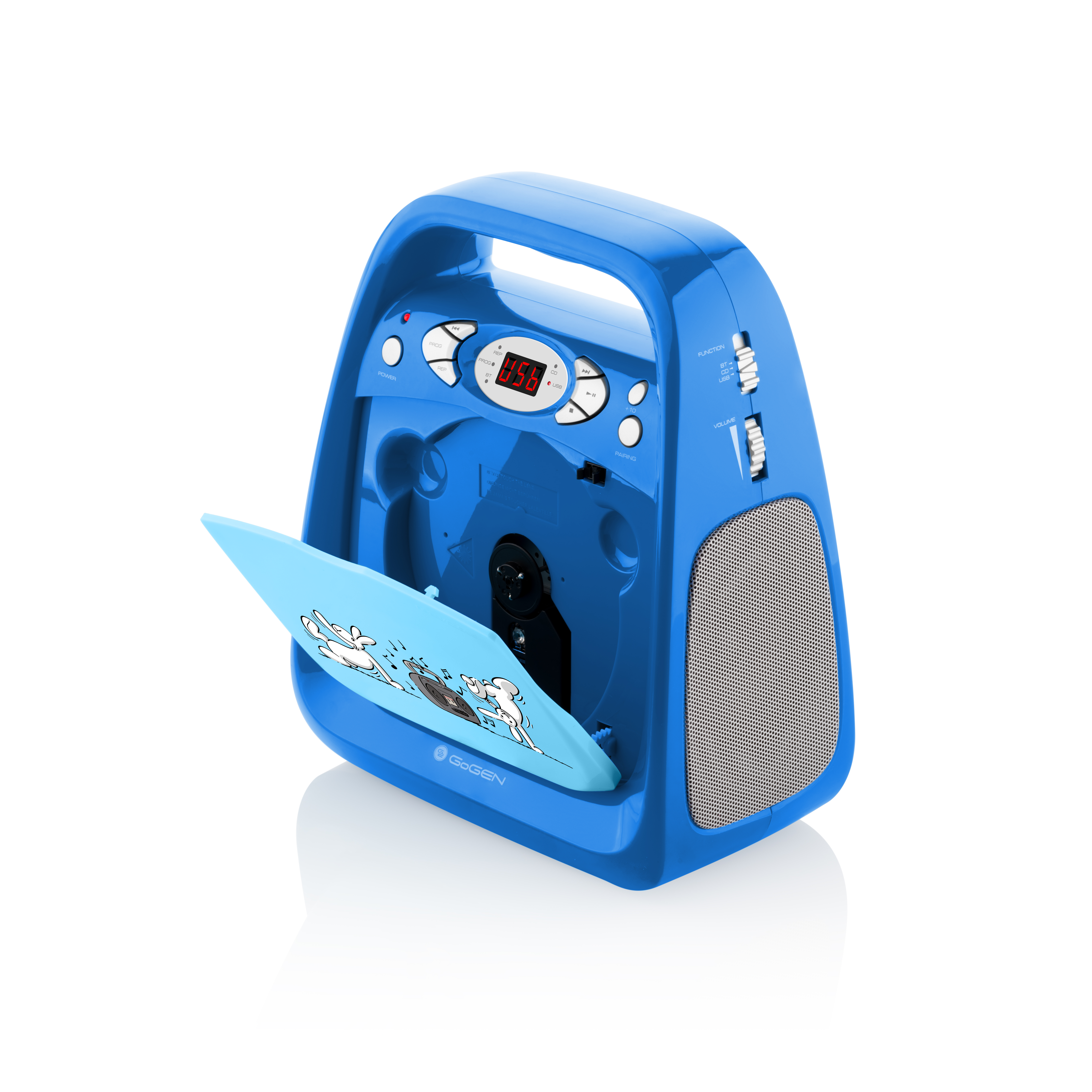 Lettore CD portatile blu con vassoio aperto, che mostra un'immagine a cartoni animati.